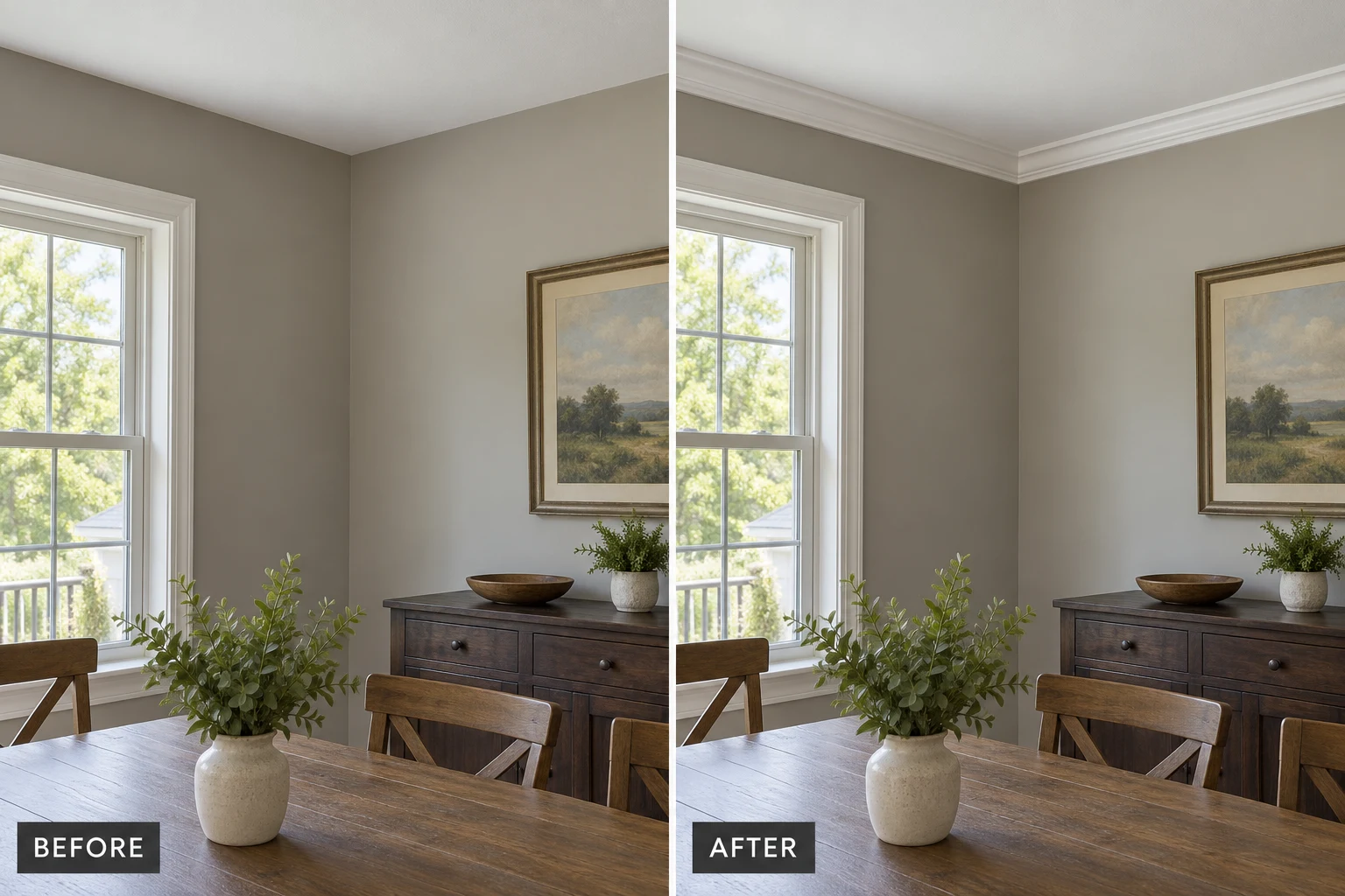 Crown Molding Installation & Repair: illustrative before-and-after comparison of the same setting