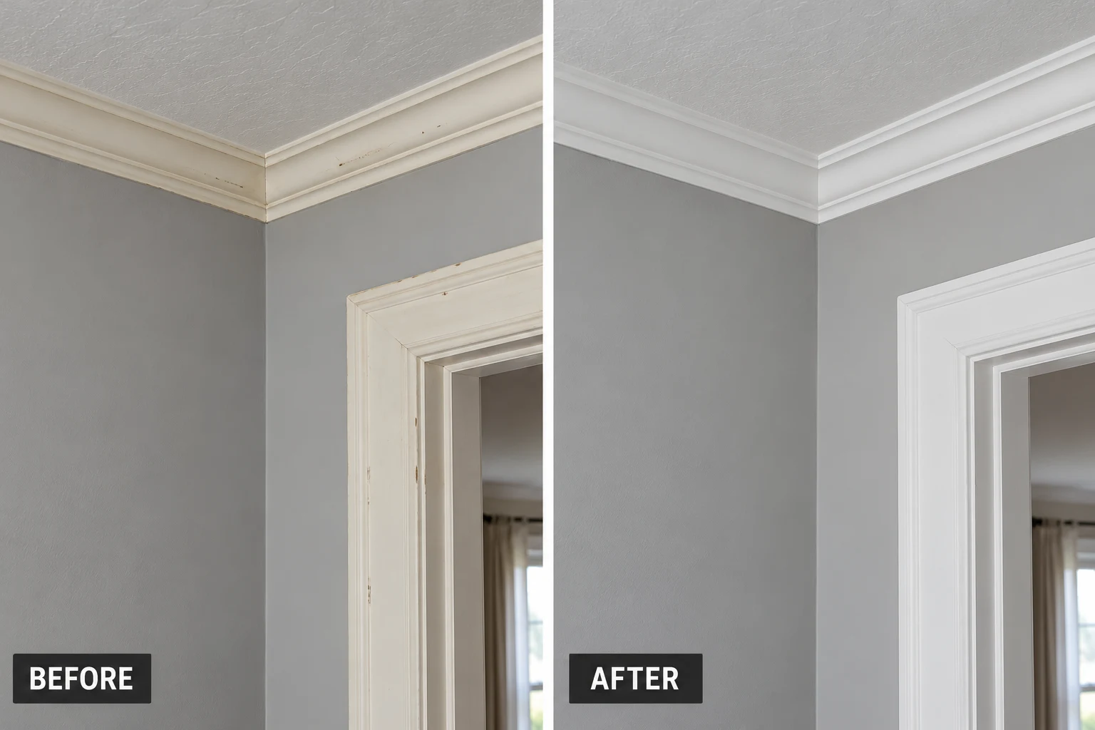Crown Molding & Trim Painting Crown trim painting illustrative before and after comparison showing the same setting before and after the service