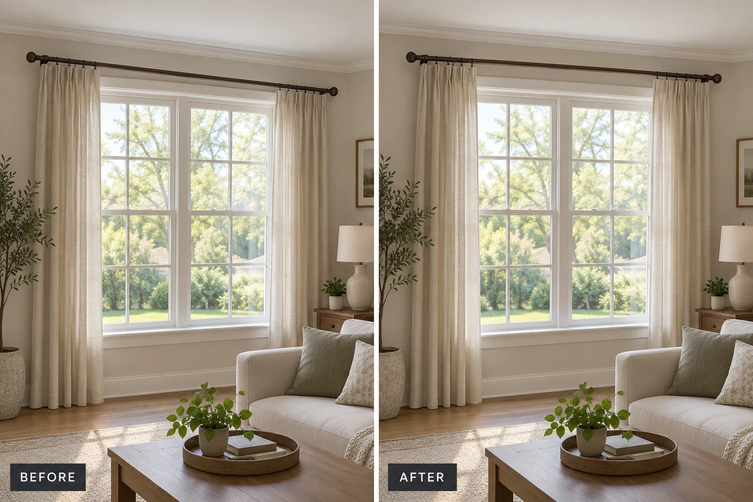 Curtain Rod Installation Curtain Rod Installation: illustrative before-and-after comparison of the same setting