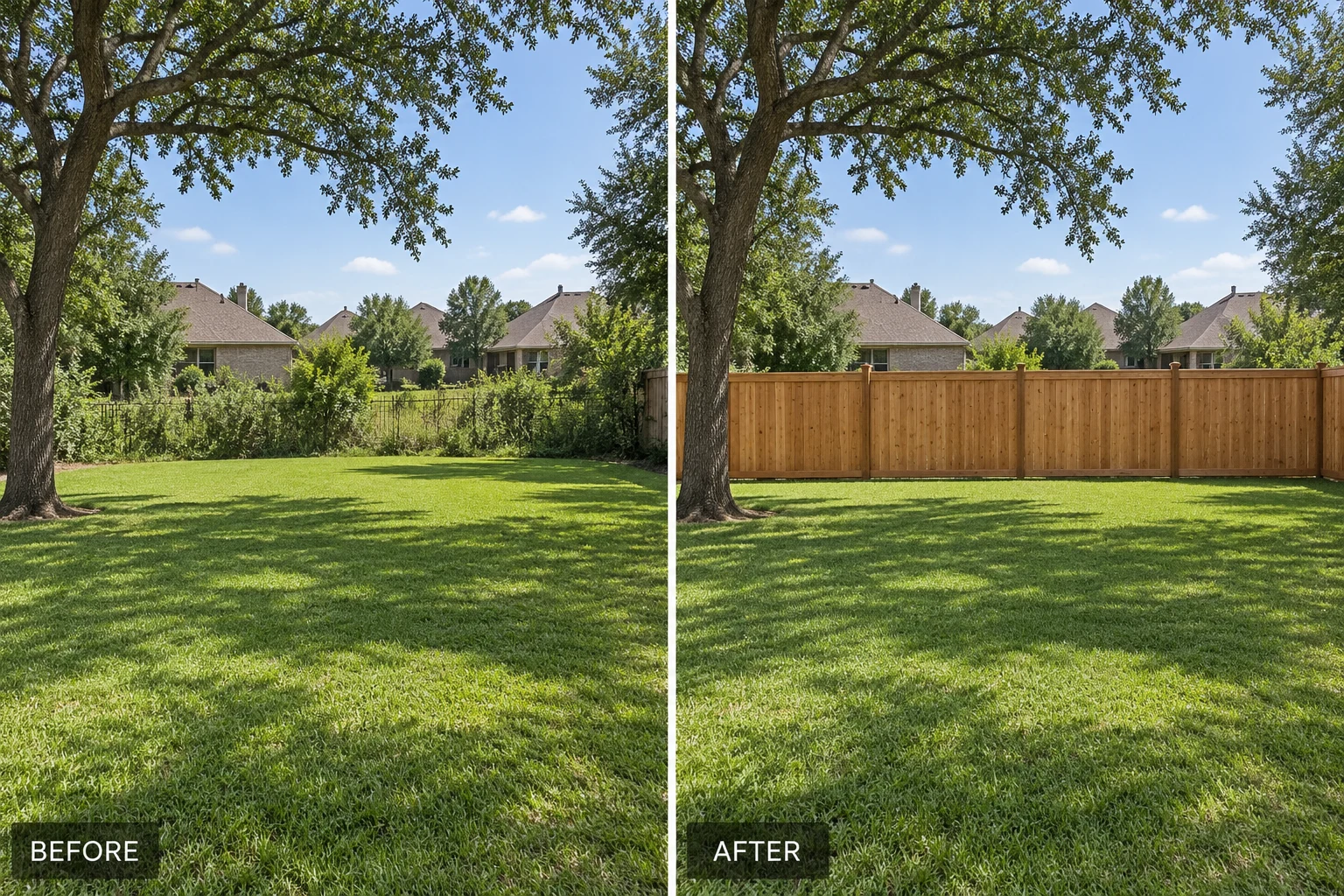 Custom Fence Building Custom fence building illustration comparing an open yard edge and a new cedar privacy fence