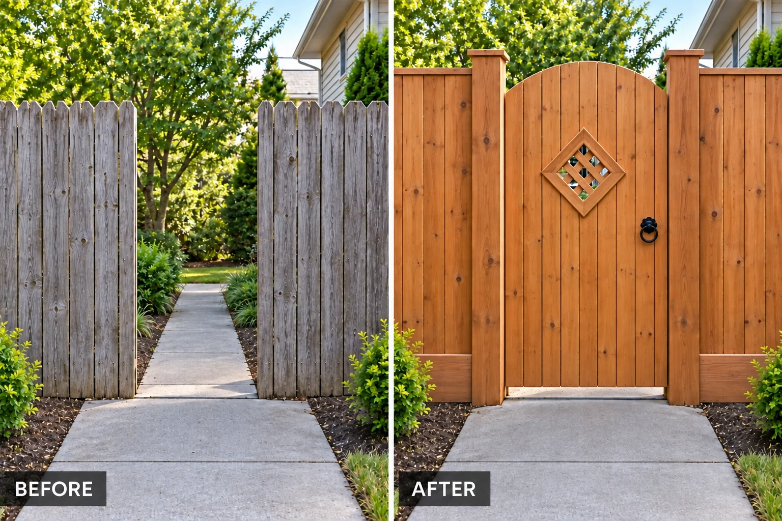 Custom Gate Building Illustrative custom gate comparison: weathered dog-ear fence with open gateway before, taller cedar arched gate with diamond lattice and fence rot boards after