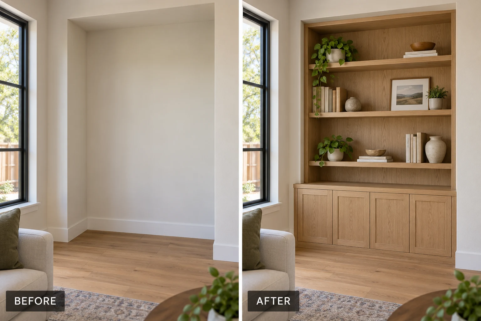 Custom woodworking illustration showing an empty alcove transformed into fitted oak storage and shelving
