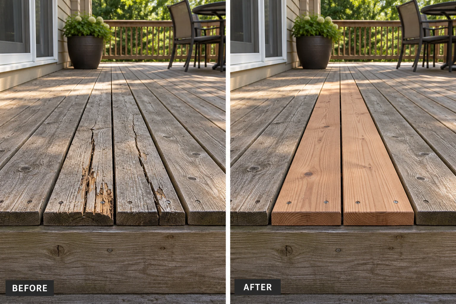 Deck Repair Deck Repair: illustrative before-and-after comparison of the same setting