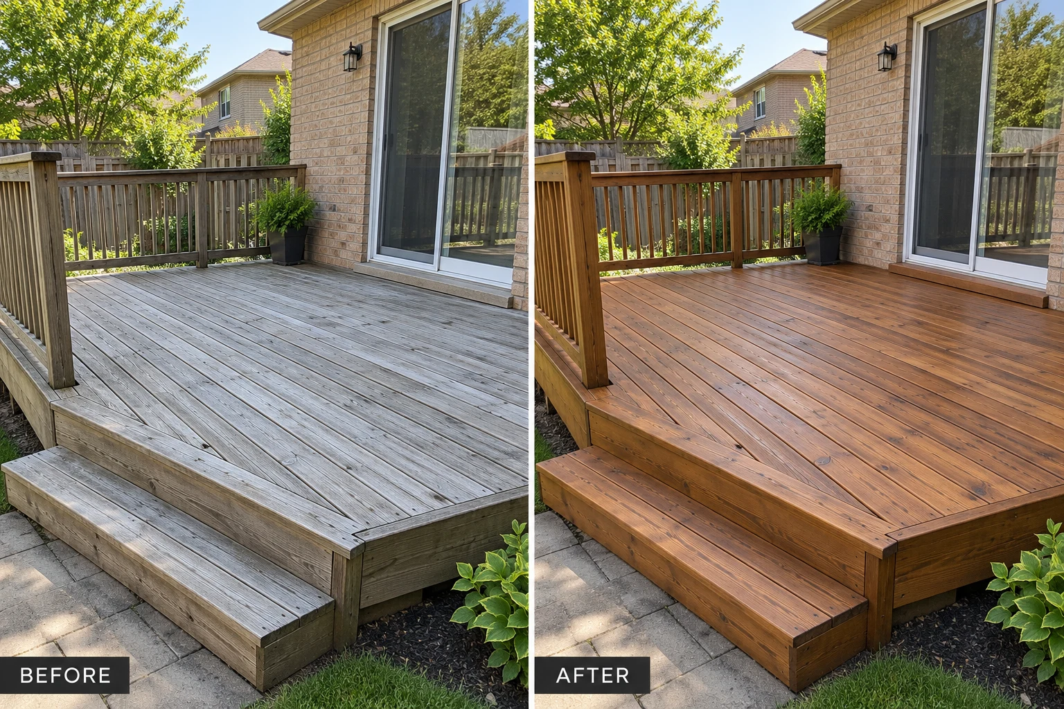 Deck Staining & Sealing Deck Staining & Sealing: illustrative before-and-after comparison of the same setting