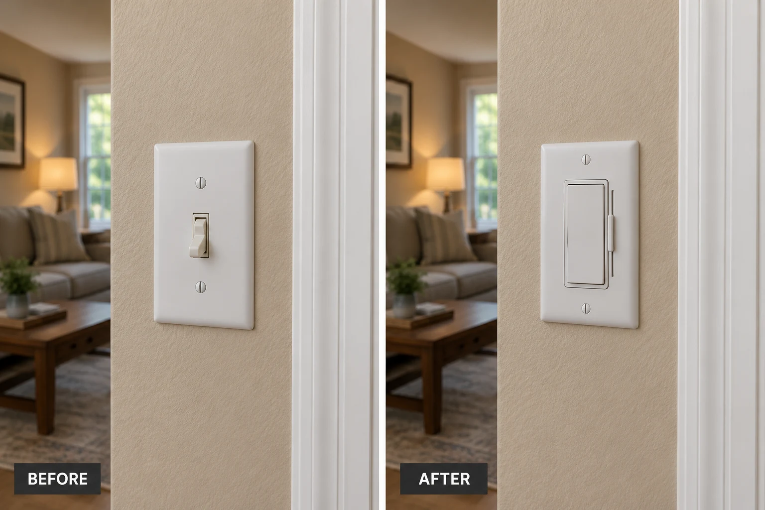 Dimmer Switch Installation Dimmer Switch Installation: illustrative before-and-after comparison of the same setting