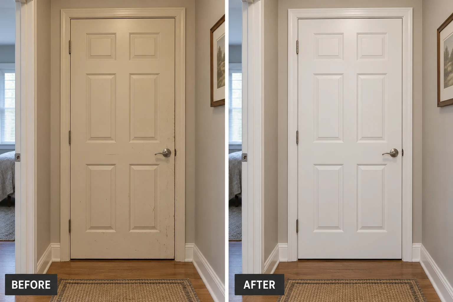 Door painting illustrative before and after comparison showing the same setting before and after the service