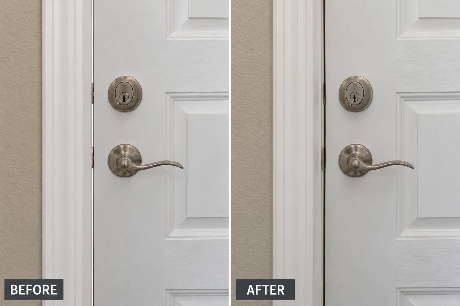 Door Weatherstripping Replacement: illustrative before-and-after comparison of the same setting