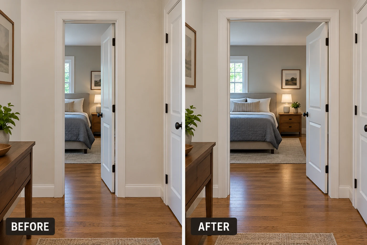 Doorway Widening for Accessibility: illustrative before-and-after comparison of the same setting