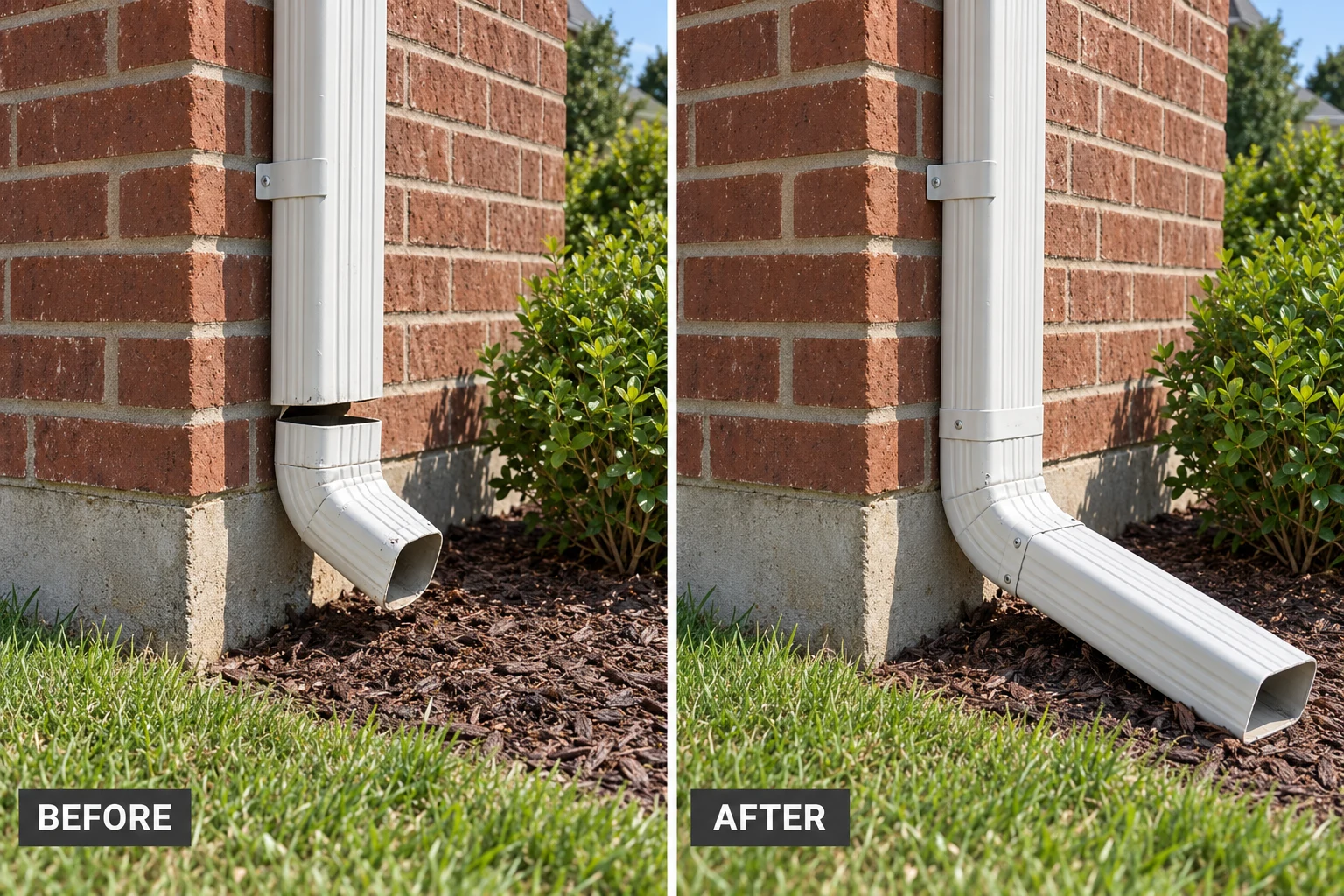 Downspout Repair: illustrative before-and-after comparison of the same setting
