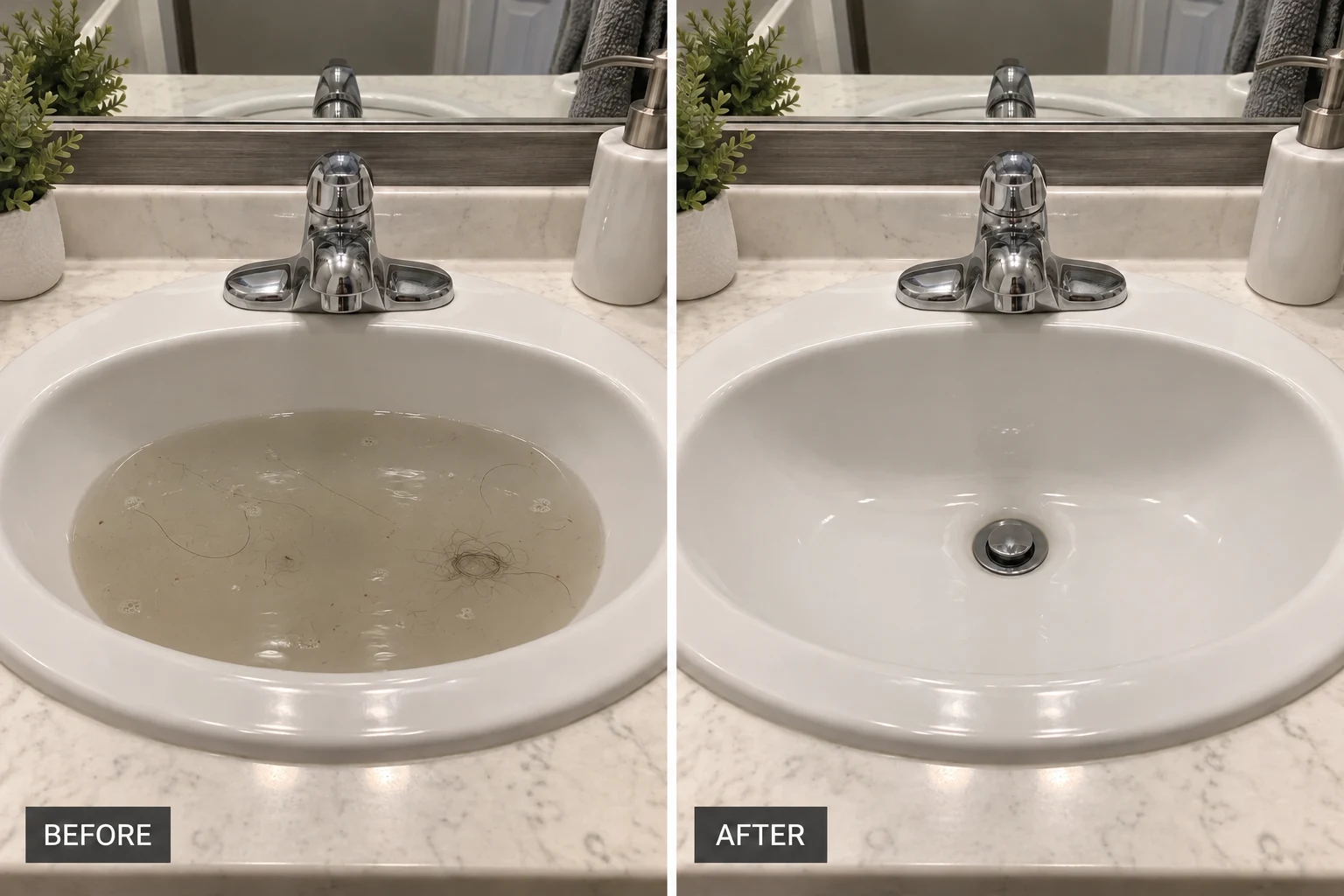 Drain Cleaning & Repair: illustrative before-and-after comparison of the same setting