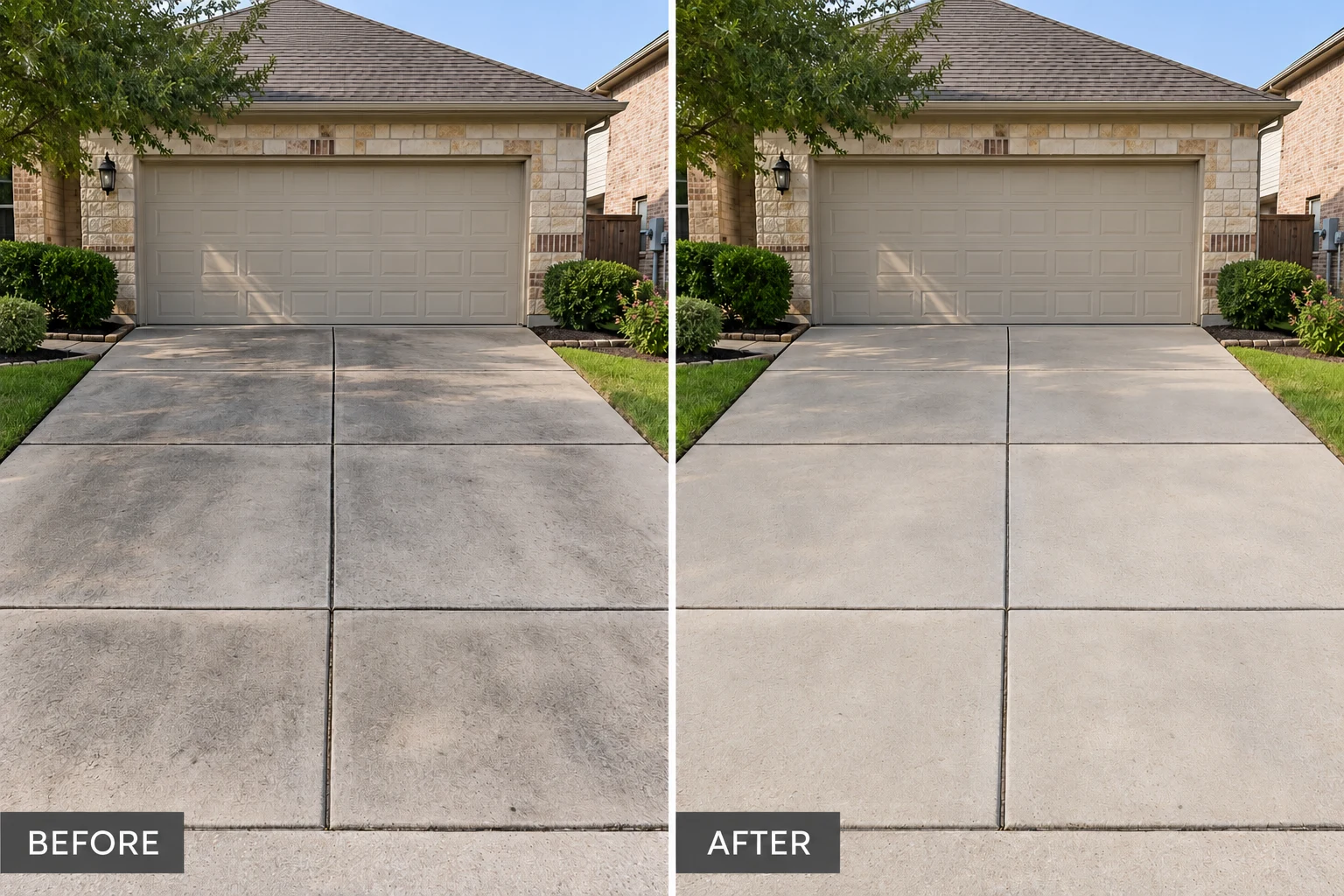 Driveway Pressure Washing Driveway Pressure Washing: illustrative before-and-after comparison of the same setting