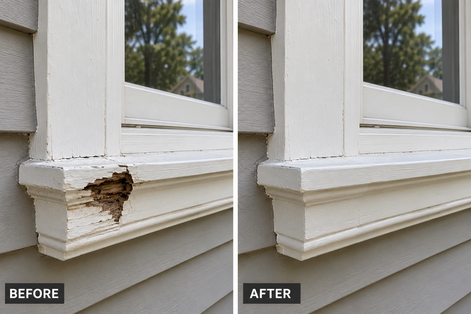 Dry Rot & Termite Damage Repair: illustrative before-and-after comparison of the same setting