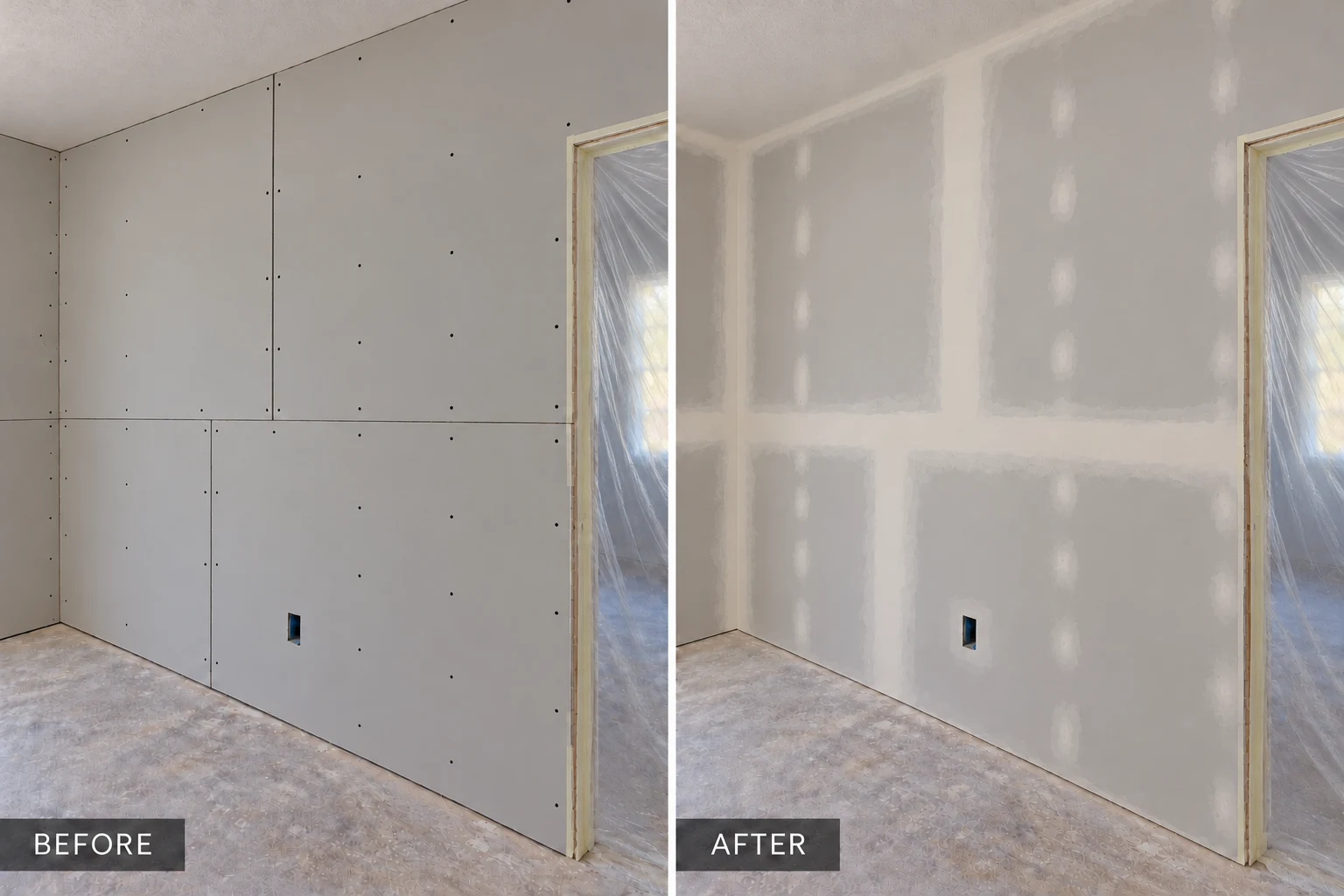 Drywall Finishing Drywall finishing illustration comparing visible board seams and feathered joint compound