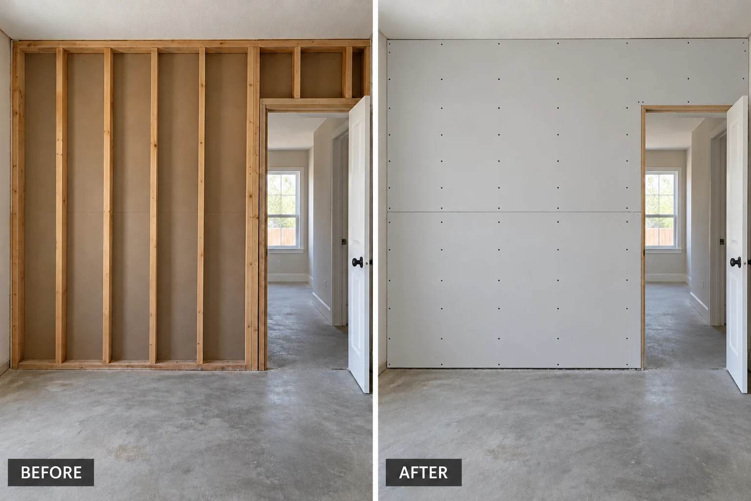 Drywall Installation Drywall installation illustration comparing an exposed framed wall with installed drywall sheets