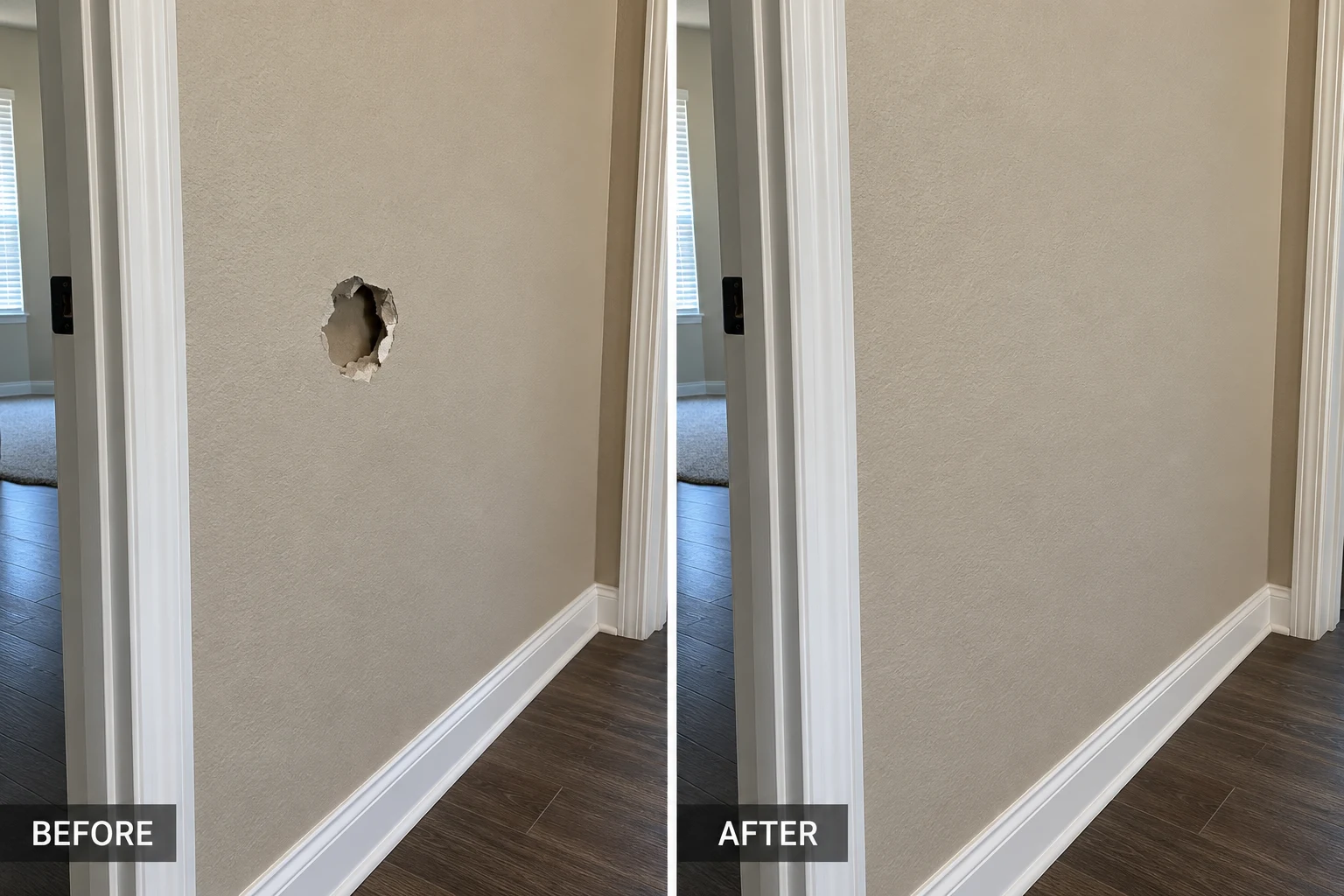 Drywall repair illustration comparing a small wall hole with a patched and painted surface