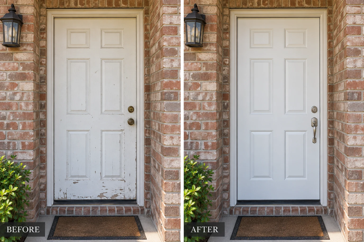 Exterior Door Installation & Replacement Exterior door replacement illustration showing a worn door and a clean replacement in the same opening