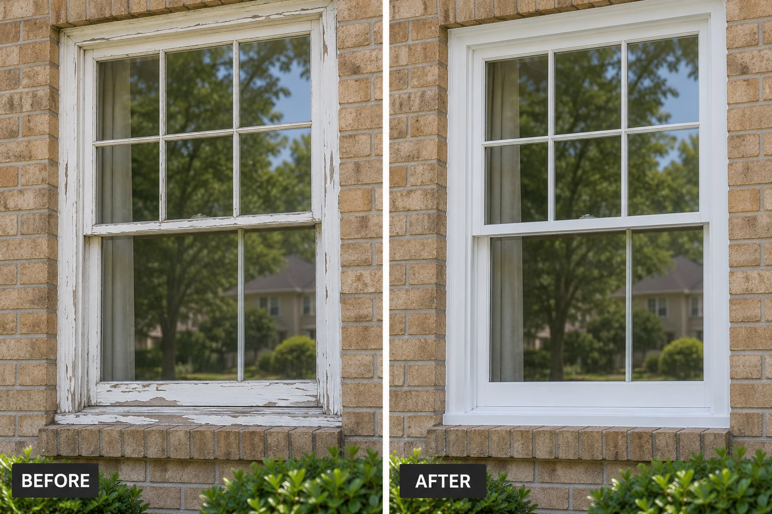 Exterior window painting illustrative before and after comparison showing the same setting before and after the service