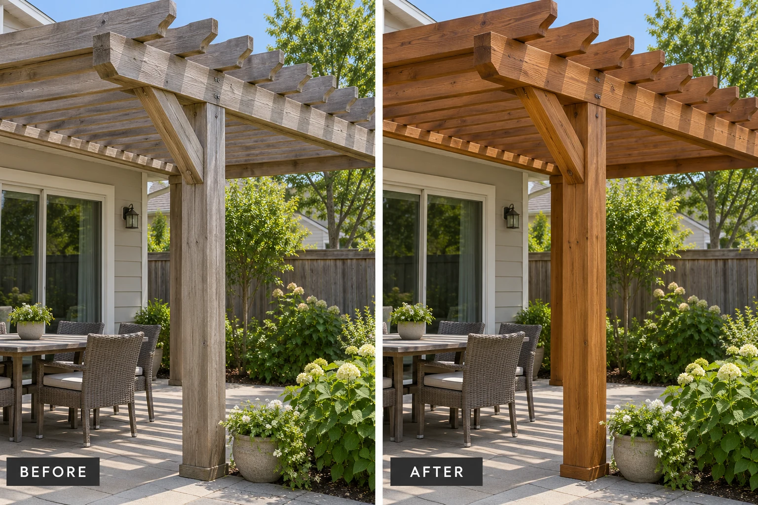 Exterior wood staining illustrative before and after comparison showing the same setting before and after the service