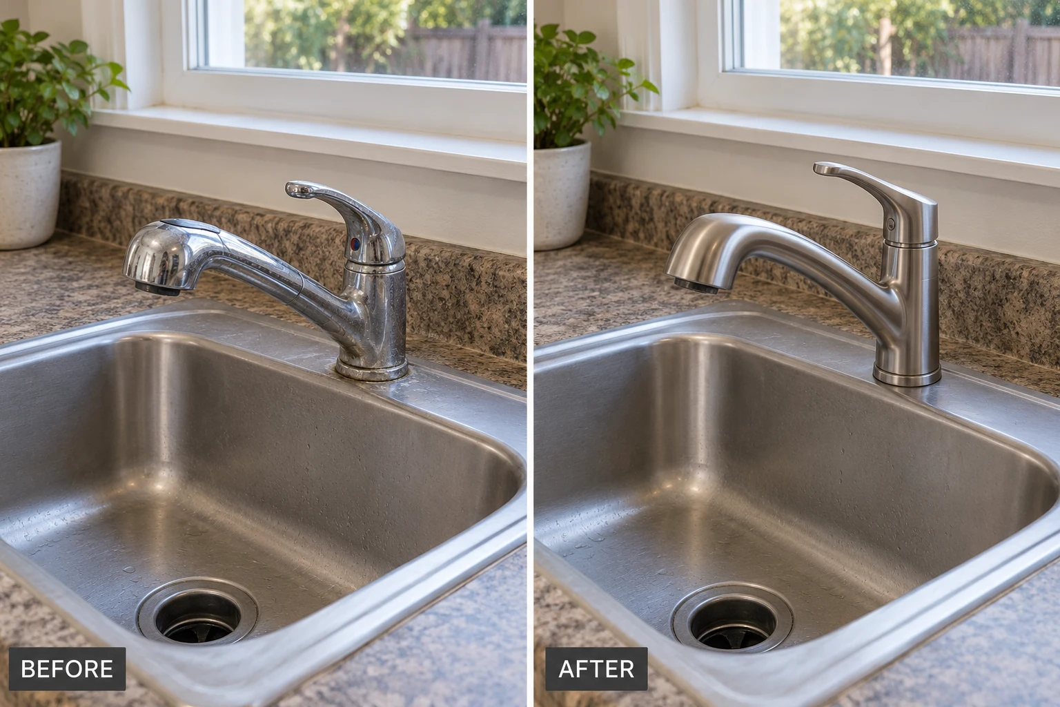 Faucet Installation & Repair: illustrative before-and-after comparison of the same setting