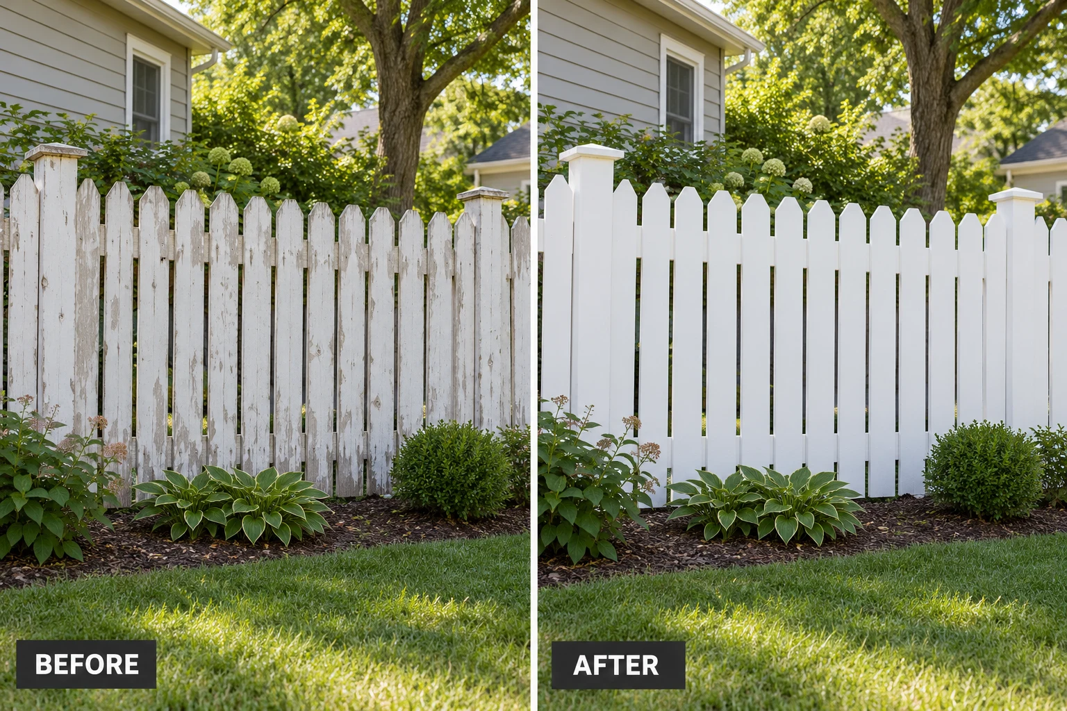 Fence painting illustrative before and after comparison showing the same setting before and after the service