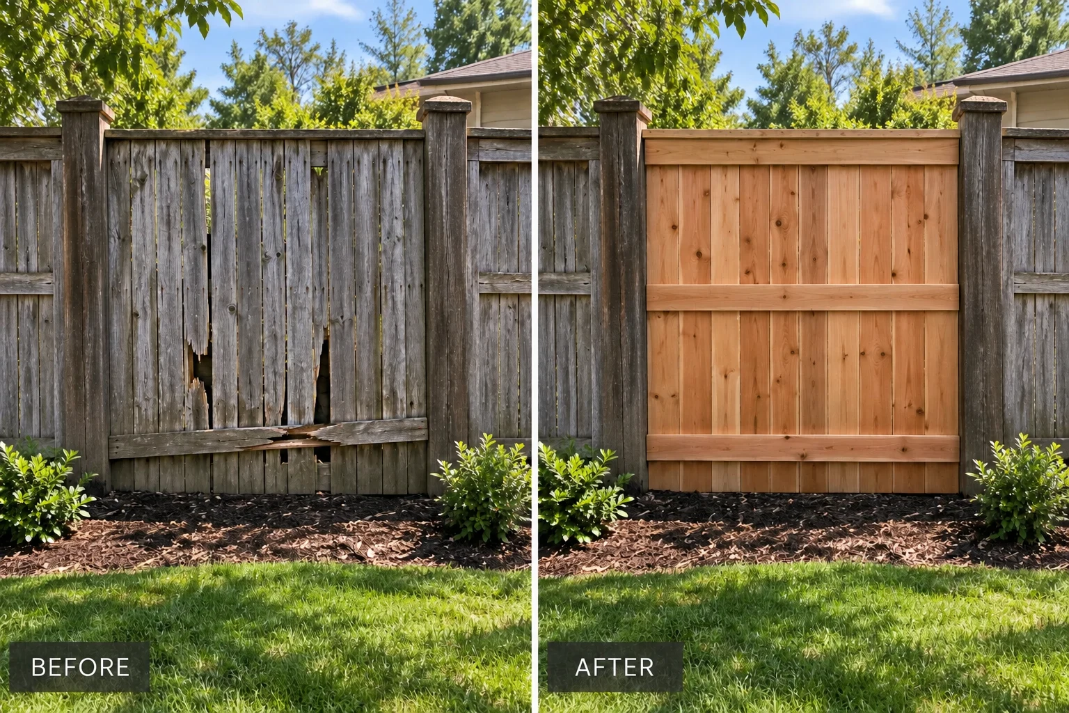 Fence panel replacement illustration showing one damaged panel renewed between retained posts