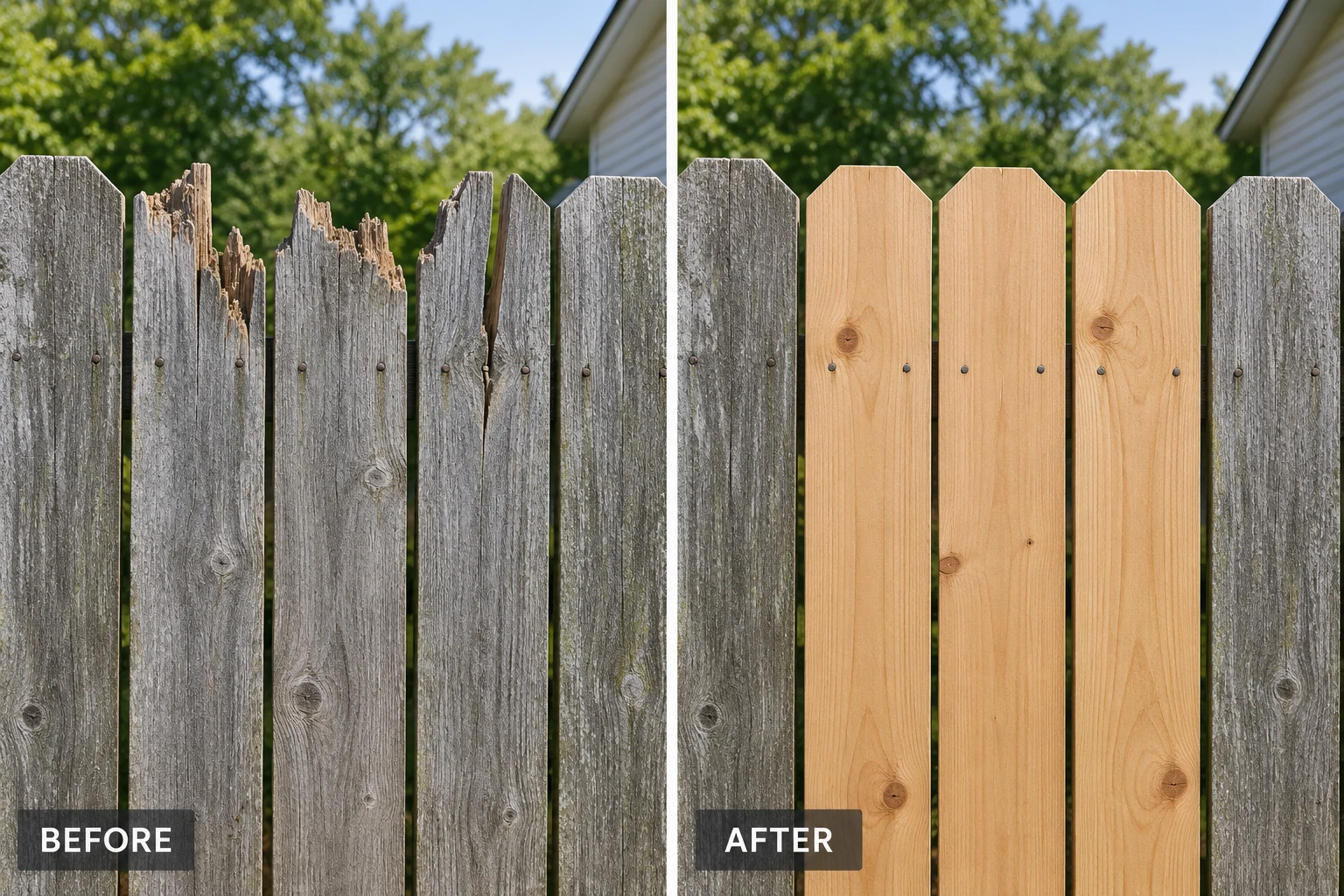 Fence Picket Replacement Fence picket replacement illustration showing three fresh pickets among retained weathered boards