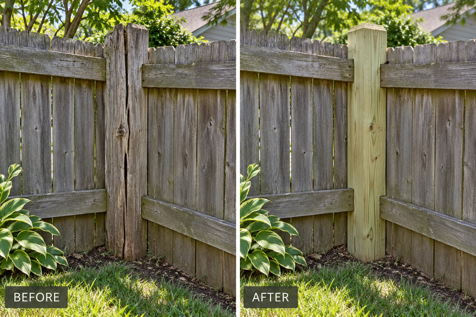 Fence Post Replacement Fence post replacement illustration comparing a split support and a replacement post