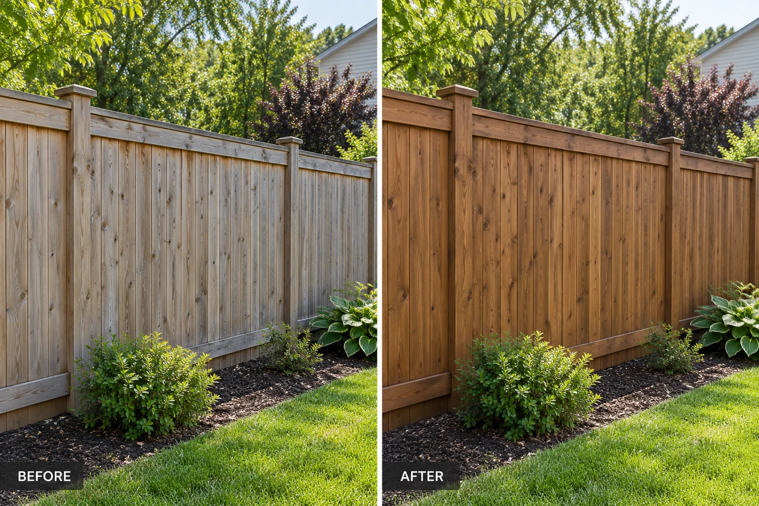 Fence Staining & Sealing Fence staining and sealing illustration showing a sound fence before and after a warm transparent finish