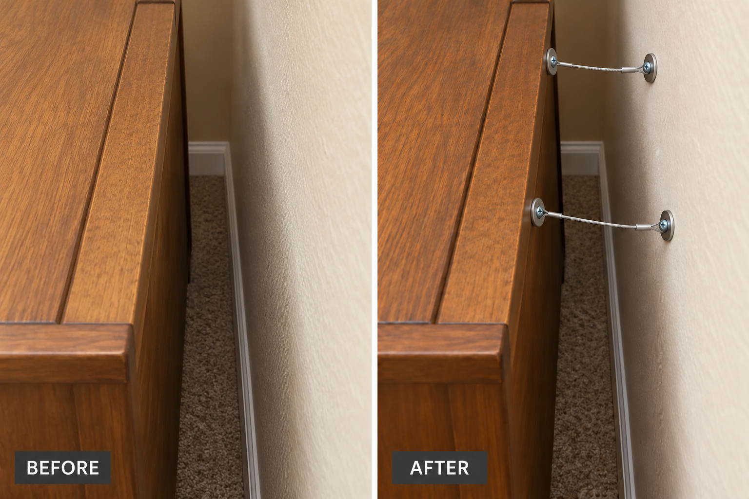 Furniture Anchoring & Restraints Furniture Anchoring & Restraints: illustrative before-and-after comparison of the same setting