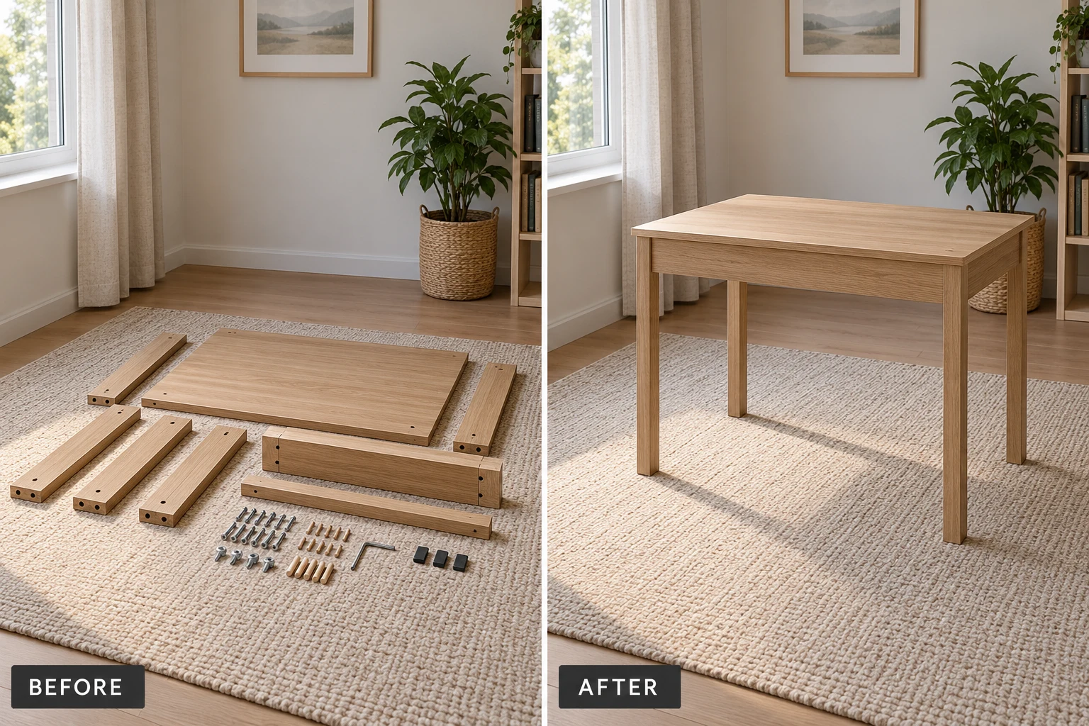 Furniture Assembly Furniture Assembly: illustrative before-and-after comparison of the same setting