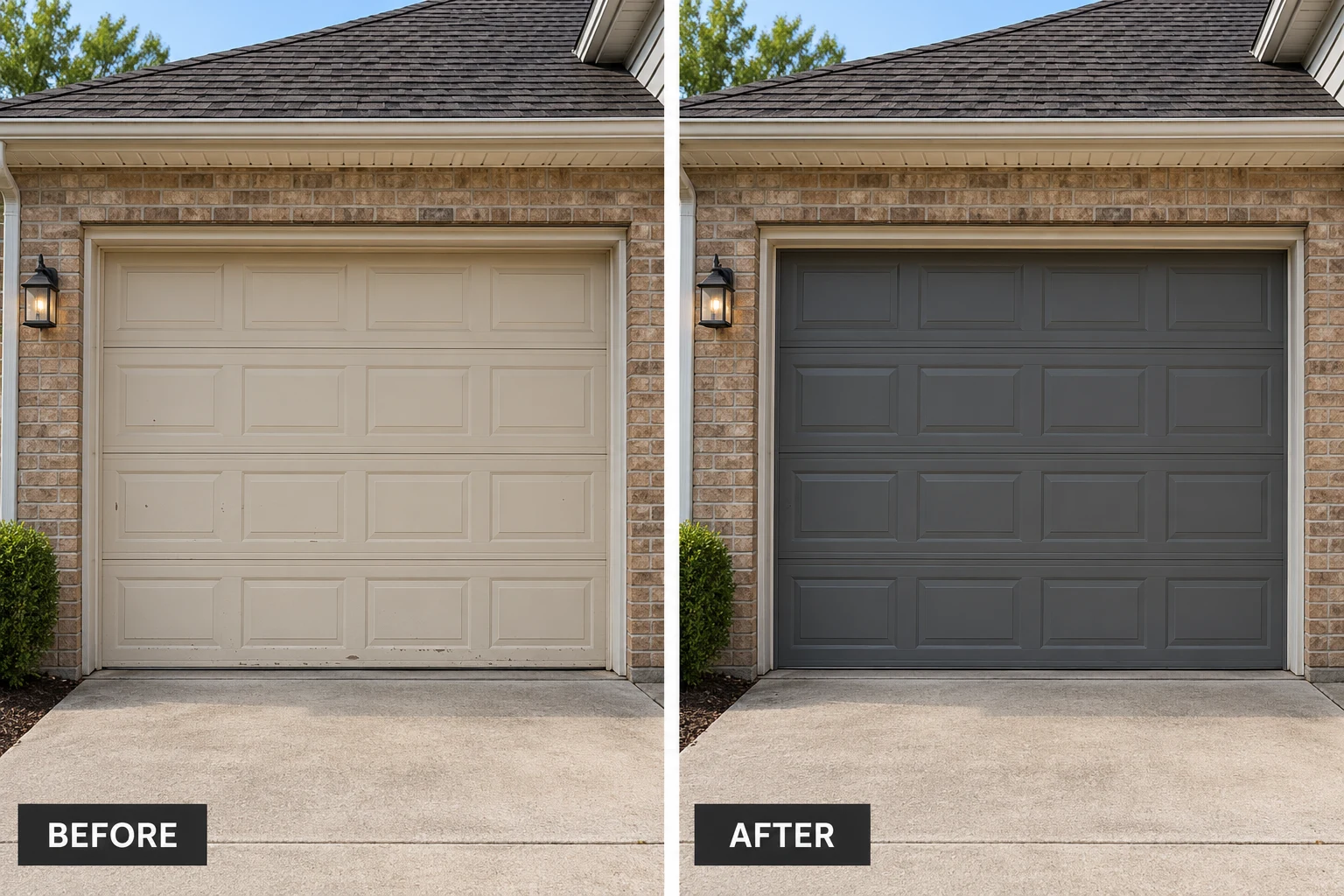Garage Door Painting Garage door painting illustrative before and after comparison showing the same setting before and after the service