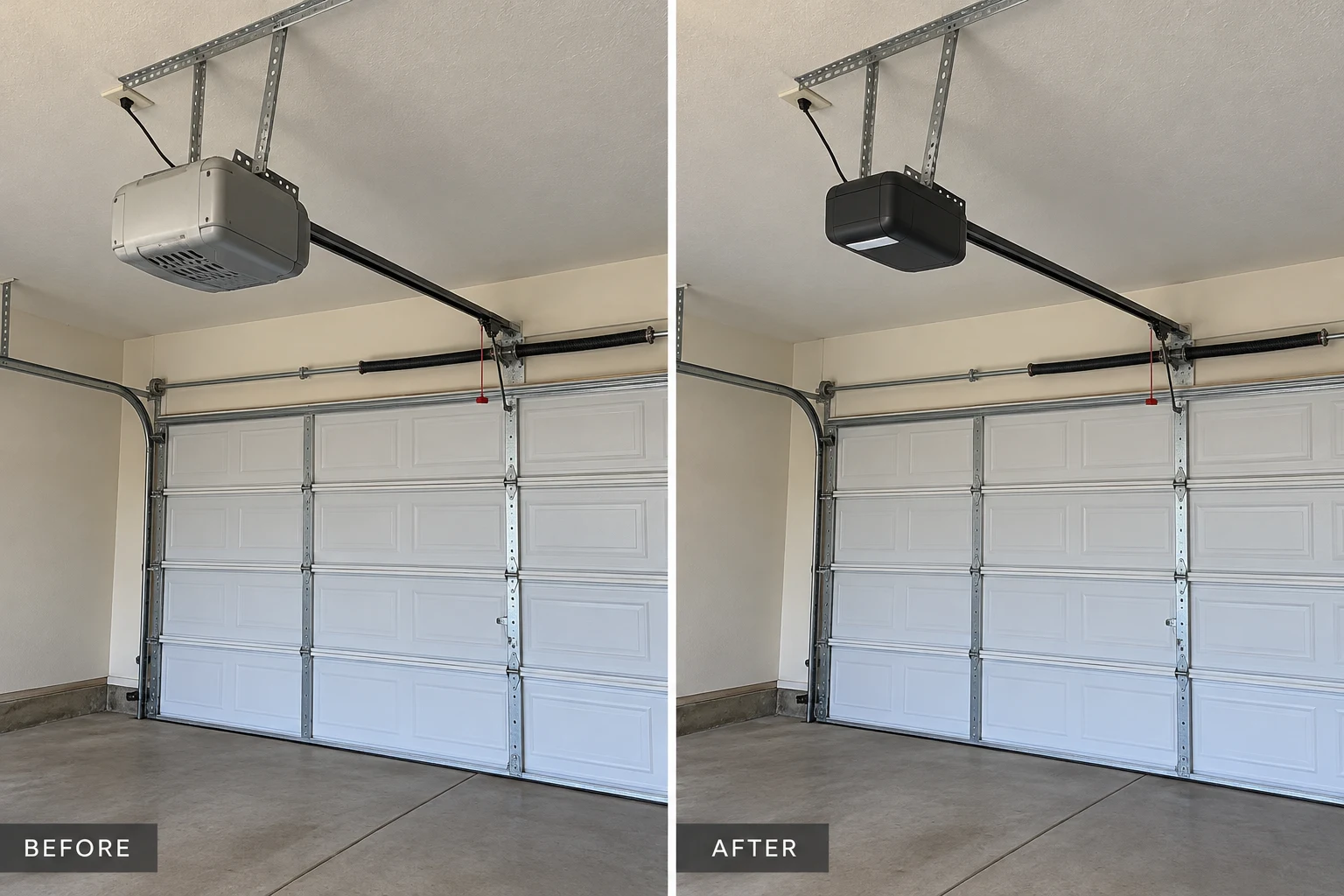 Garage Door Opener Installation & Replacement Garage door opener replacement illustration comparing an older motor unit and a new opener
