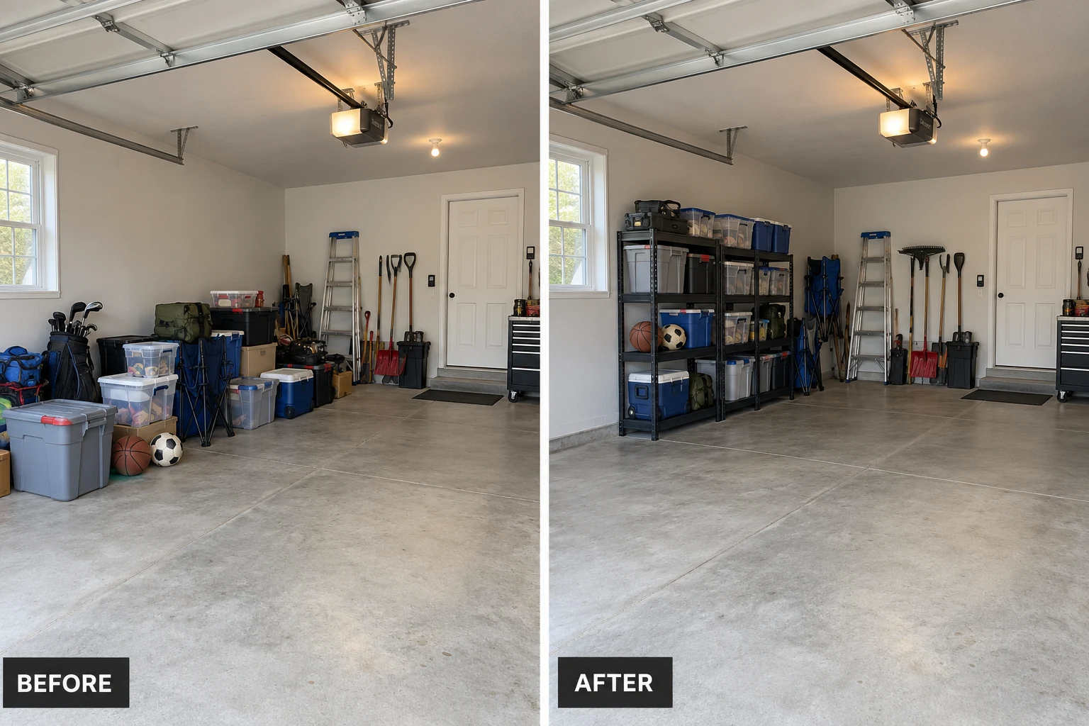 Garage Organization & Storage: illustrative before-and-after comparison of the same setting