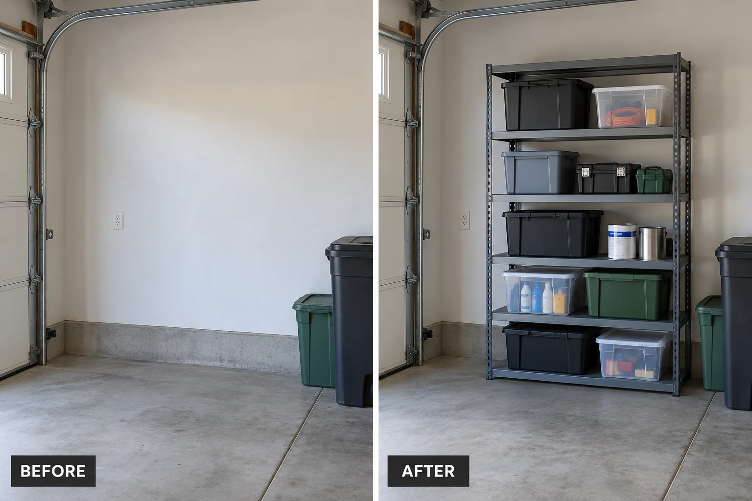 Garage Shelving & Storage Installation Garage Shelving & Storage Installation: illustrative before-and-after comparison of the same setting