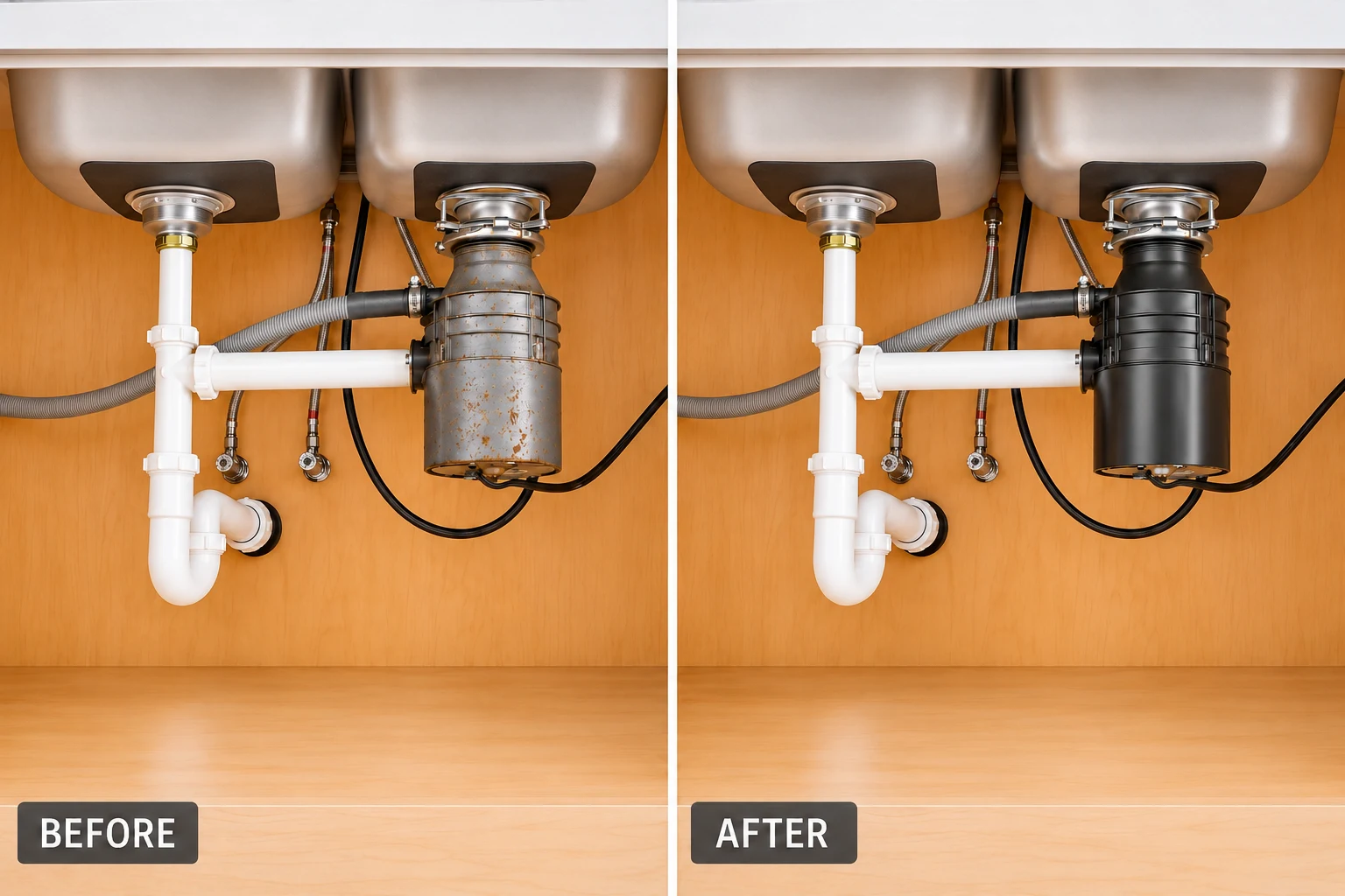 Garbage Disposal Installation & Repair Garbage Disposal Installation & Repair: illustrative before-and-after comparison of the same setting