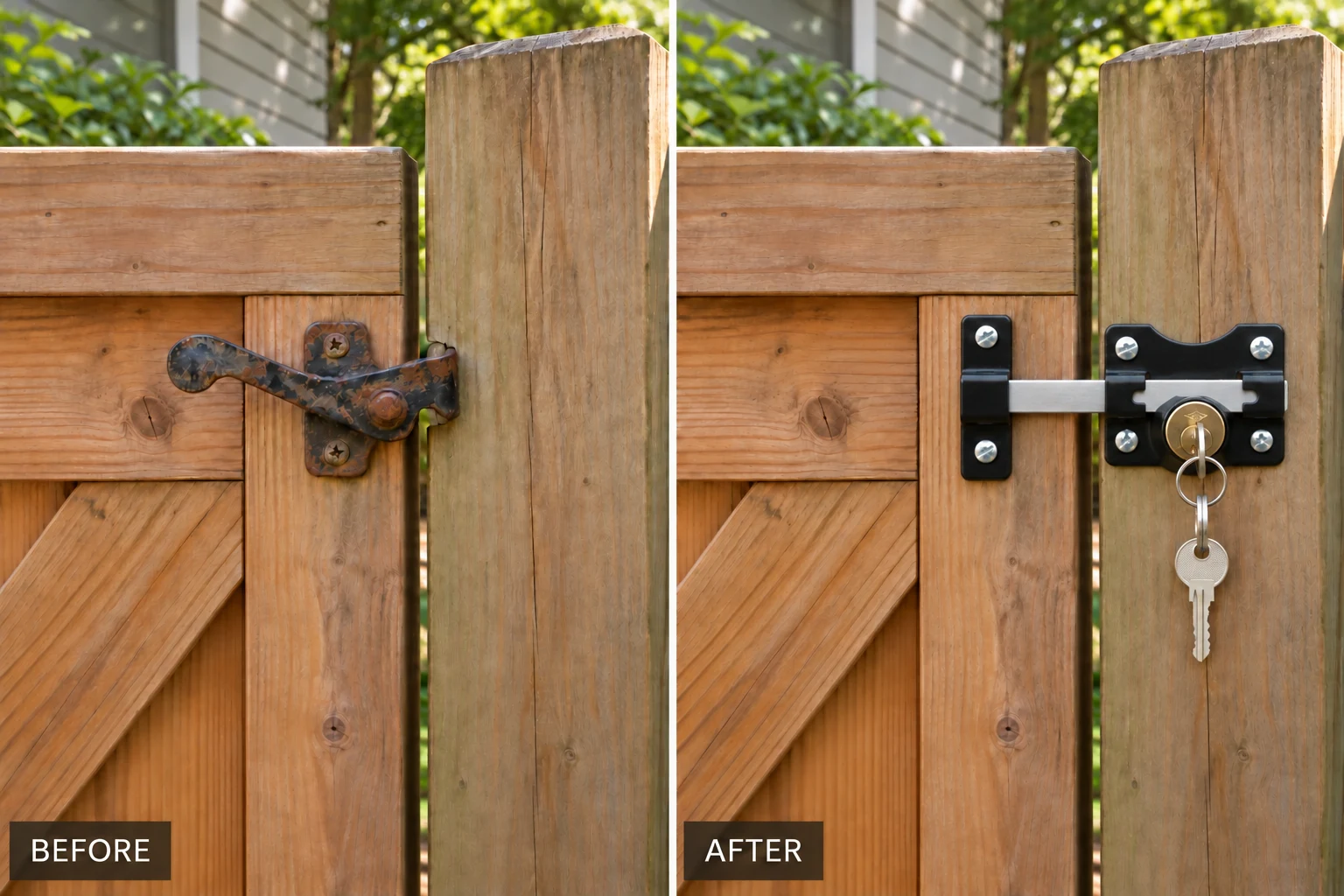 Gate latch installation illustration comparing worn hardware and a new fitted latch