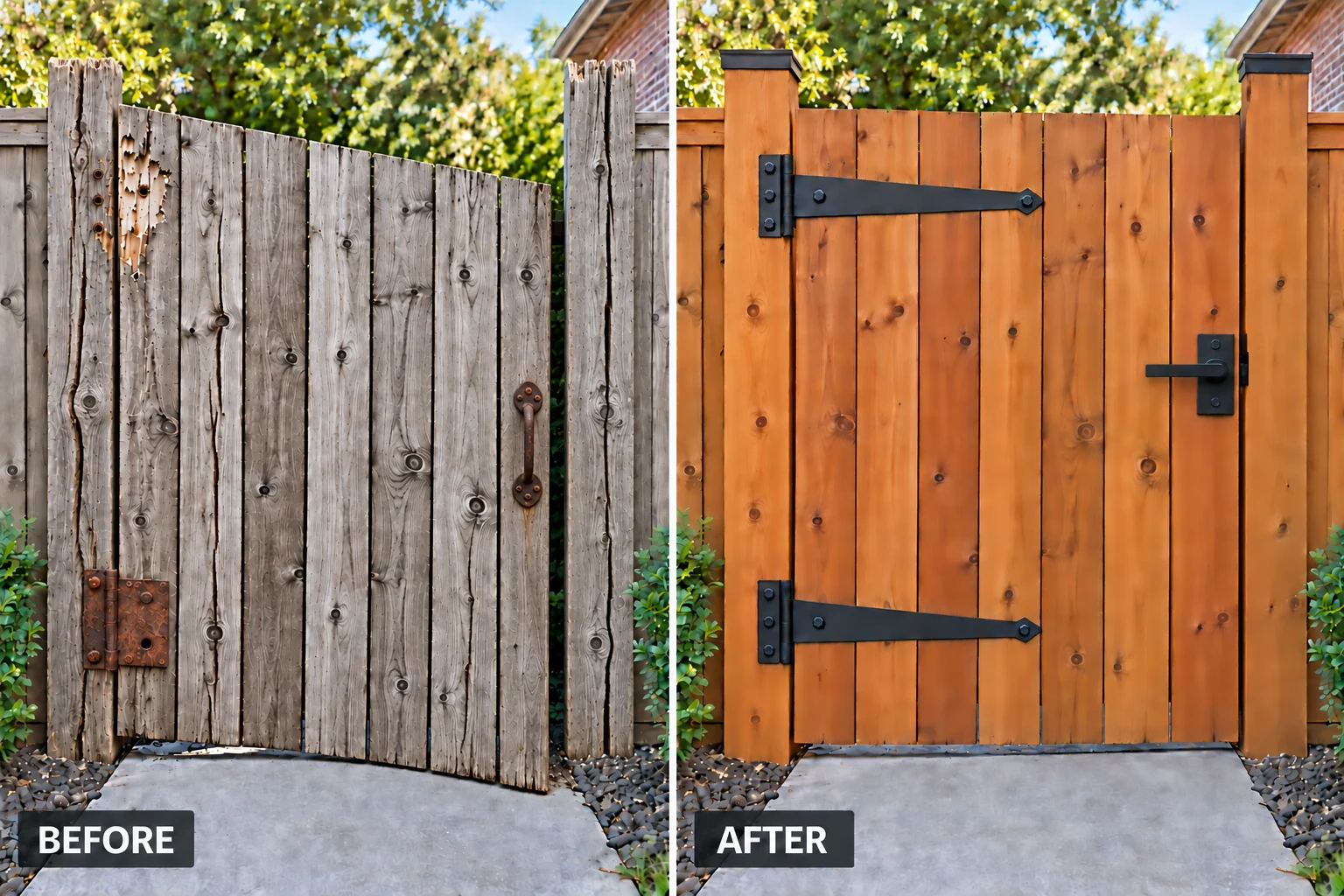Gate Post & Hinge Repair Gate hinge repair illustration showing a loose hinge and repaired fastening