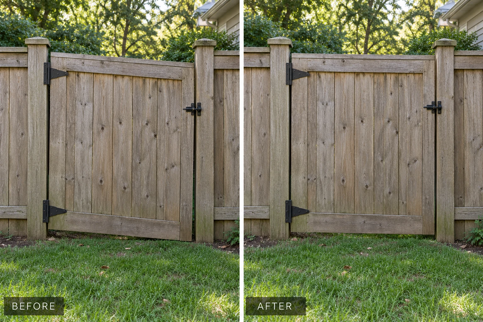 Gate alignment repair illustration showing a modestly sagging gate and restored alignment