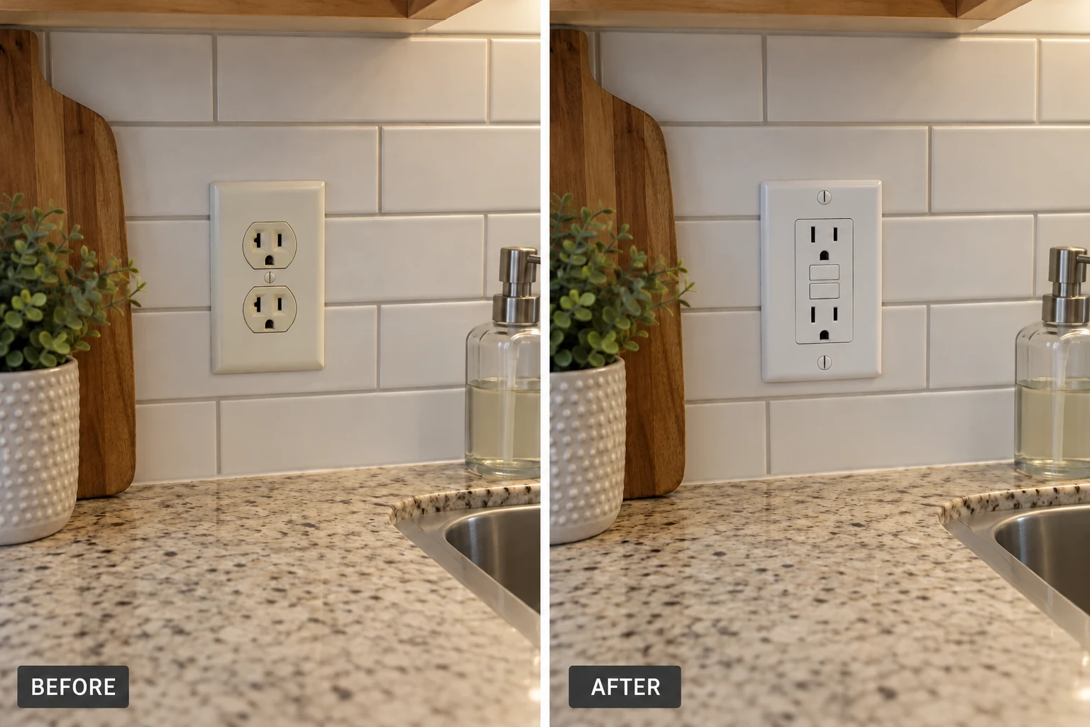 GFCI Outlet Installation: illustrative before-and-after comparison of the same setting