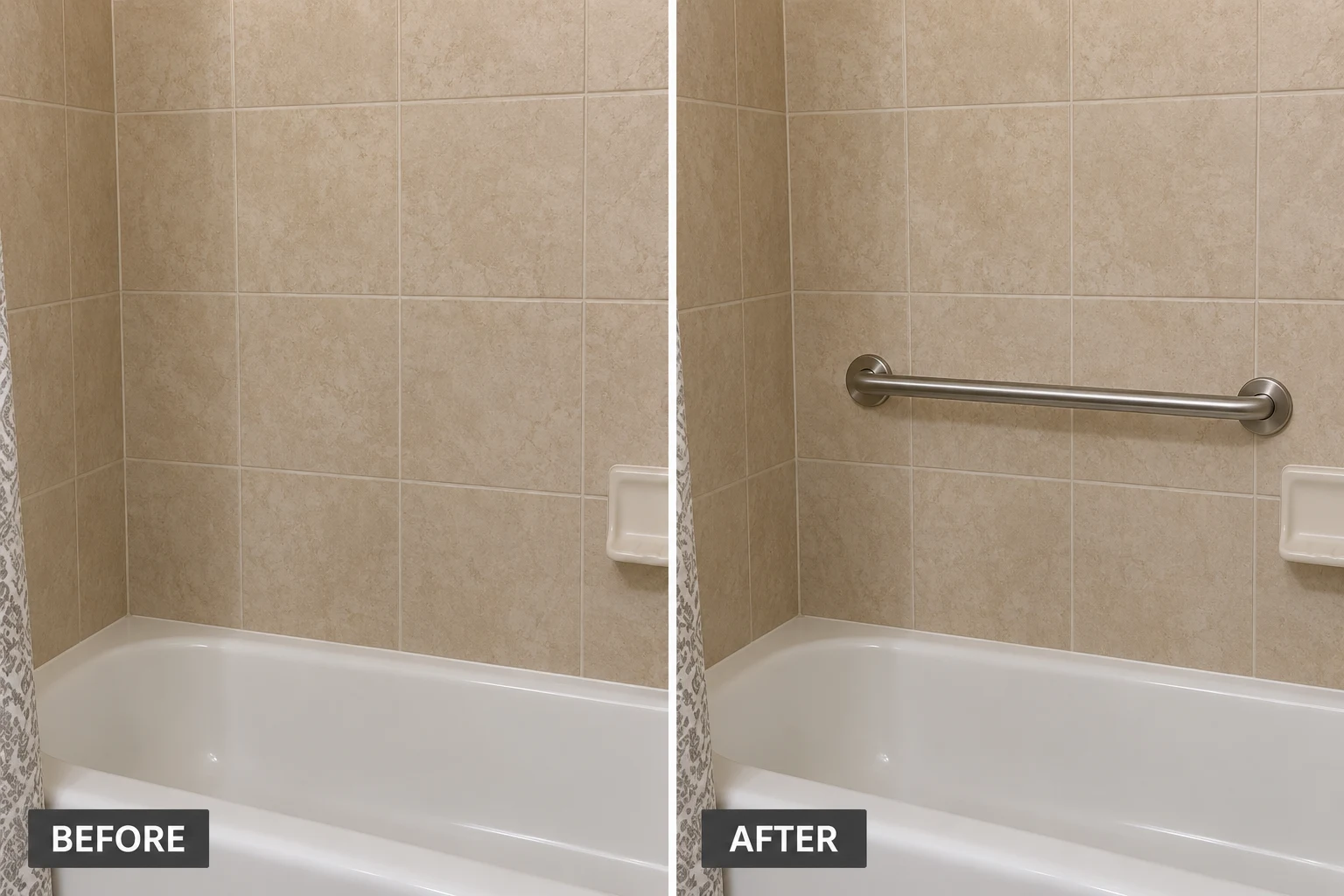 Grab Bar Installation: illustrative before-and-after comparison of the same setting