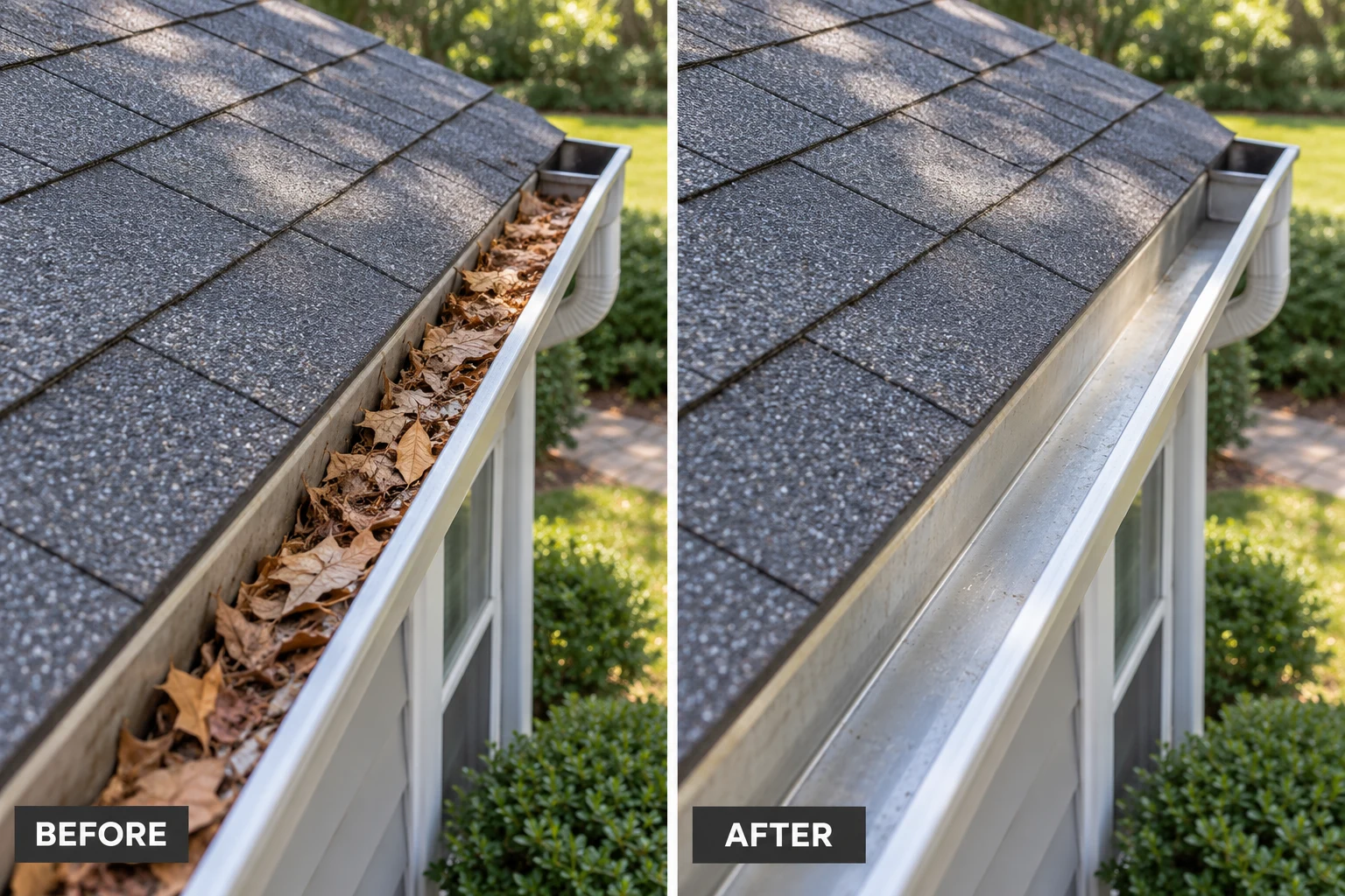Gutter Cleaning Gutter Cleaning: illustrative before-and-after comparison of the same setting