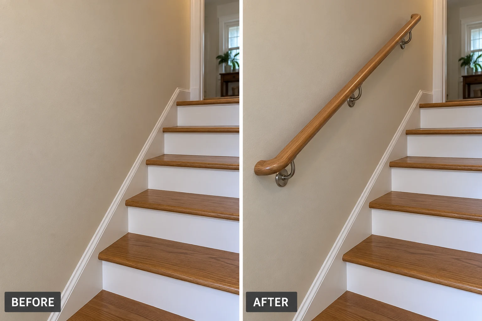 Handrail Installation & Repair: illustrative before-and-after comparison of the same setting