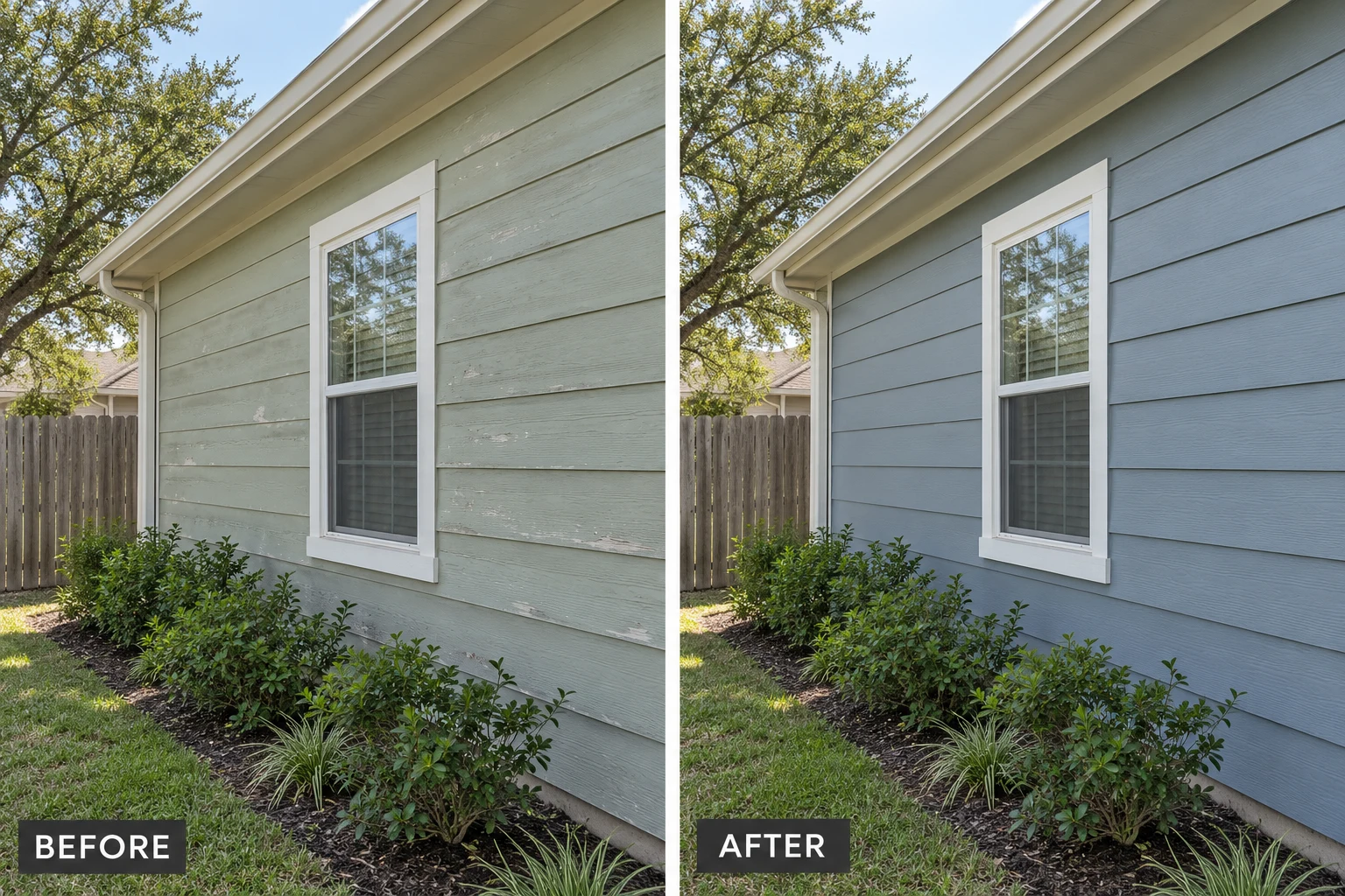 Hardie siding painting illustrative before and after comparison showing the same setting before and after the service