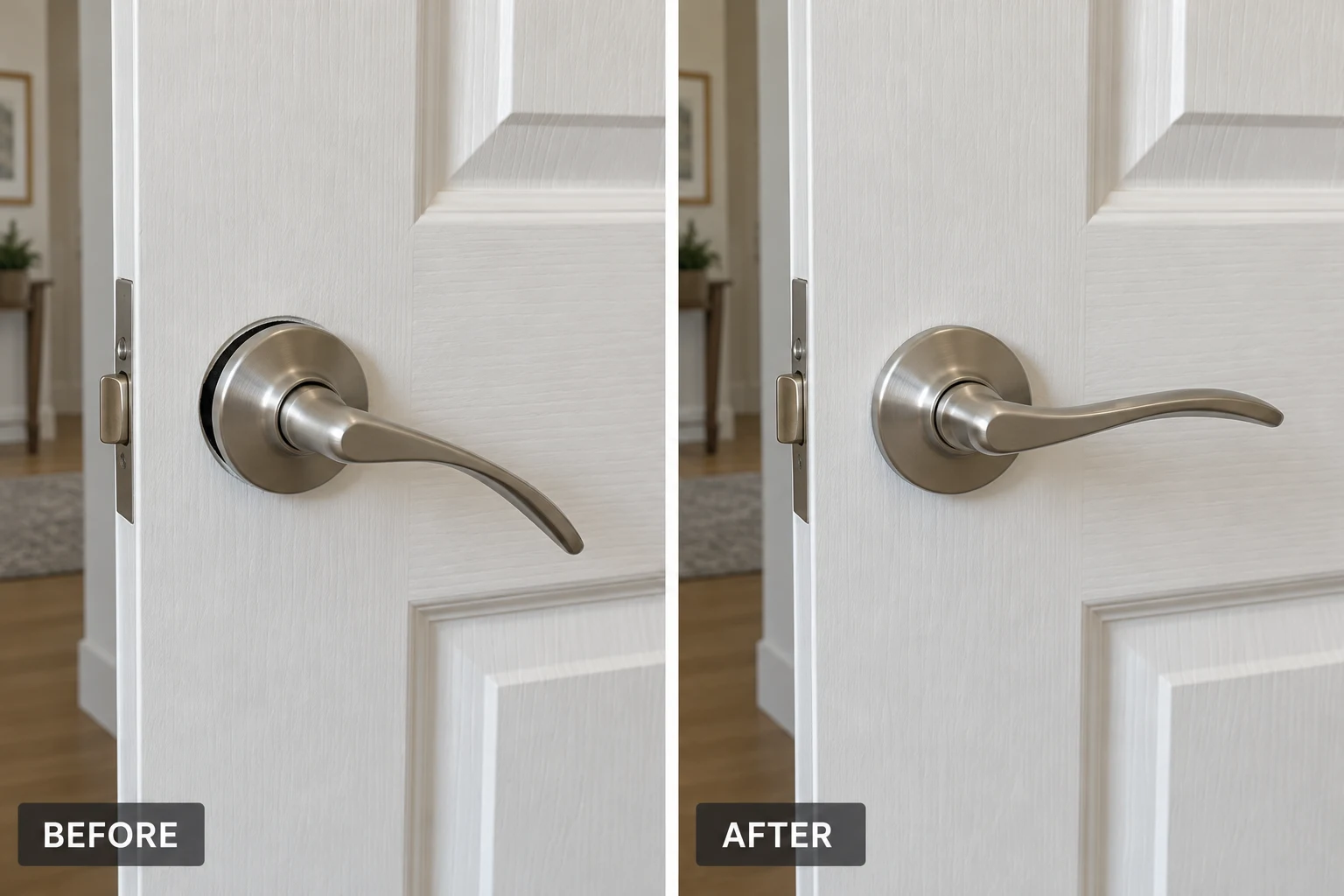 Door hardware repair illustration showing a loose drooping lever before repair and a correctly fitted lever afterward