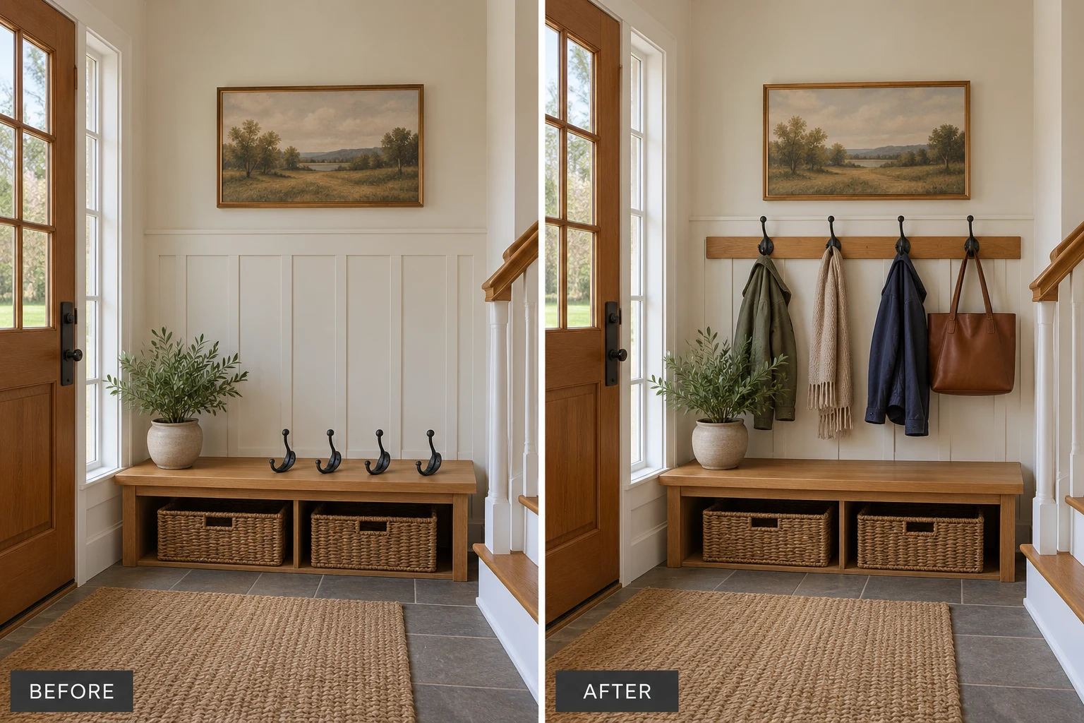 Wall Hooks & Home Accessories: illustrative before-and-after comparison of the same setting