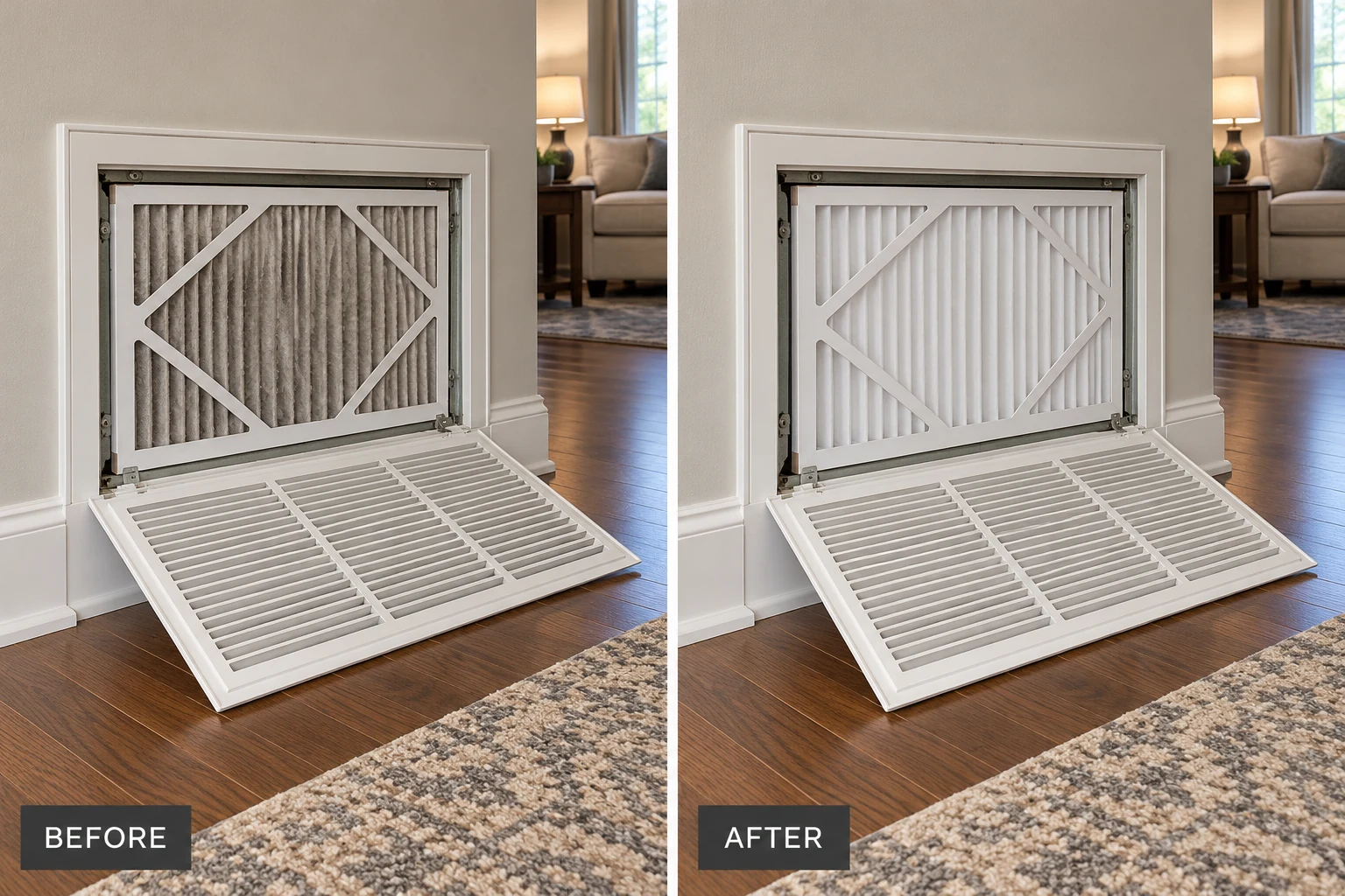 HVAC Filter Replacement: illustrative before-and-after comparison of the same setting