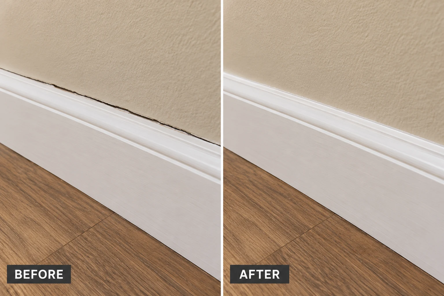 Interior Trim & Gap Caulking Interior Trim & Gap Caulking: illustrative before-and-after comparison of the same setting