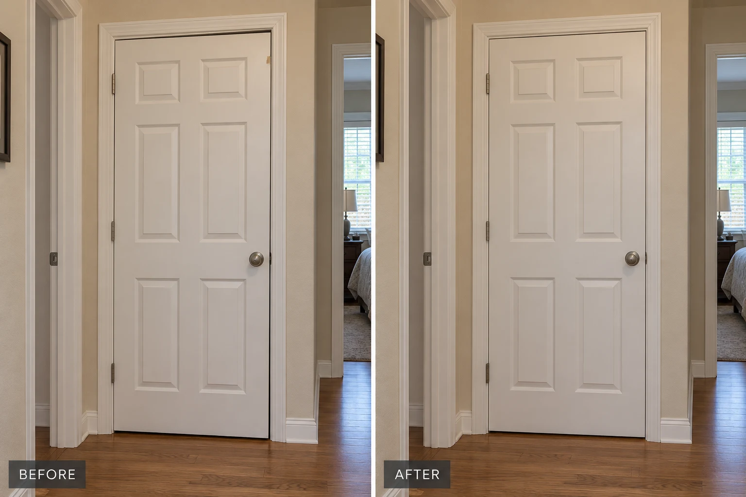Interior door repair comparison showing an uneven door reveal before adjustment and an aligned door afterward