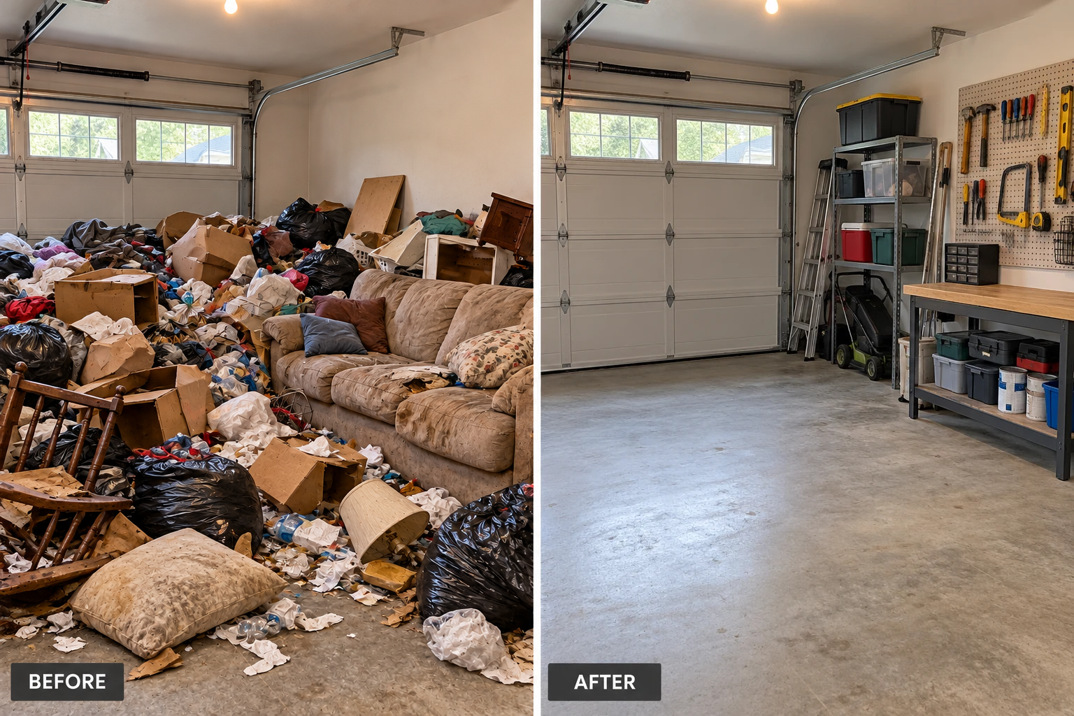 Junk & Trash Removal: illustrative before-and-after comparison of the same setting