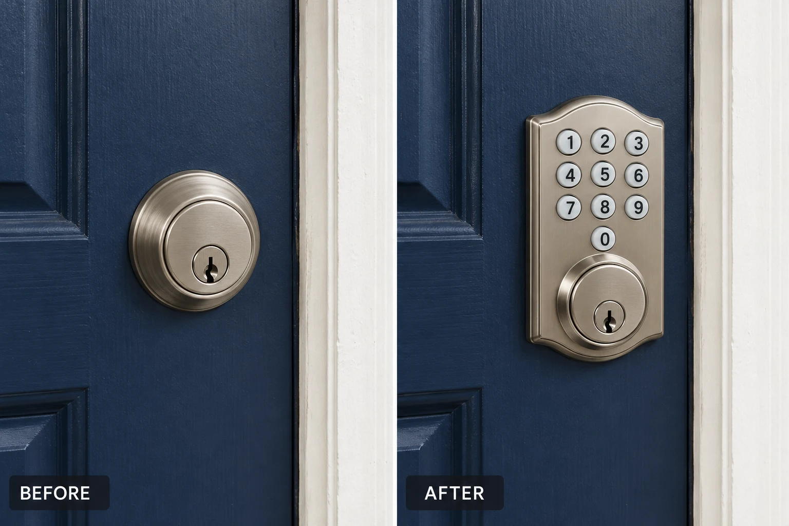 Keyless entry installation illustration comparing a keyed deadbolt with a fitted keypad deadbolt